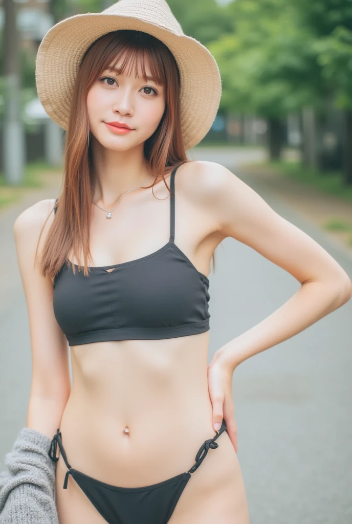 ((Mejor calidad)), ((Obra maestra)), (detallado), ((CRUDO)), ((high resolution, HDR, fotorrealista: 1.4)), ((cara perfecta)), ((Perfekte cuerpo modelo)), ((Hyper realistic)) cuerpo modelo)) piernas estiradas, hands behind his body, Luz perfecta, Piel perfecta, ella esta hermosa como una modelo, realísticas hands behind his body, ella tiene pecas en la cara, Los poros faciales son visibles, El vientre no tiene tela, tiene 3 marcas de nacimiento en el cuerpo, The abdomen has visible muscles, icono de moda, vestido a la moda, luce vestidos inspirados en Vivianne Westwood, rayos de luz del sol en su cuerpo, suburbio de fondo, Diferentes colores de luz brillan, cabello hermoso, ((ella lleva jeans sexys y una camiseta corta sin mangas)), ((Jeans have super light wrinkles to create a real world effect.)), ella no lleva sombrero.