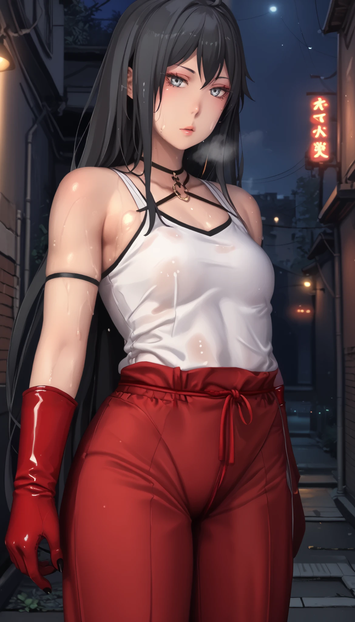score_9, score_8_up, score_7_up, score_6_up, score_5_up, score_4_up, uncensored, yukinoshita yukino, absurdly long hair, grey eyes, black hair, very long hair, (small breasts:1.3), 3d, cgi, (voluptuous:1.3), (thick:1.3), BREAK UHD, retina, masterpiece, accurate, anatomically correct, textured skin, super detail, high details, high quality, award winning, best quality, highres, 4K, black nails, makeup, eyelashes, excessive sweating, sweating, sweating drop, (gasping, heavy breathing:1.3), (skindentation:1.2), perfect eyes, beautiful eyes, eyelashes, makeup, detailed body, perfect body, BREAK, white tank top, red (samurai armor), red gloves, pants, (getting undressed), night city, neon lights, dim lighting, dark alley,