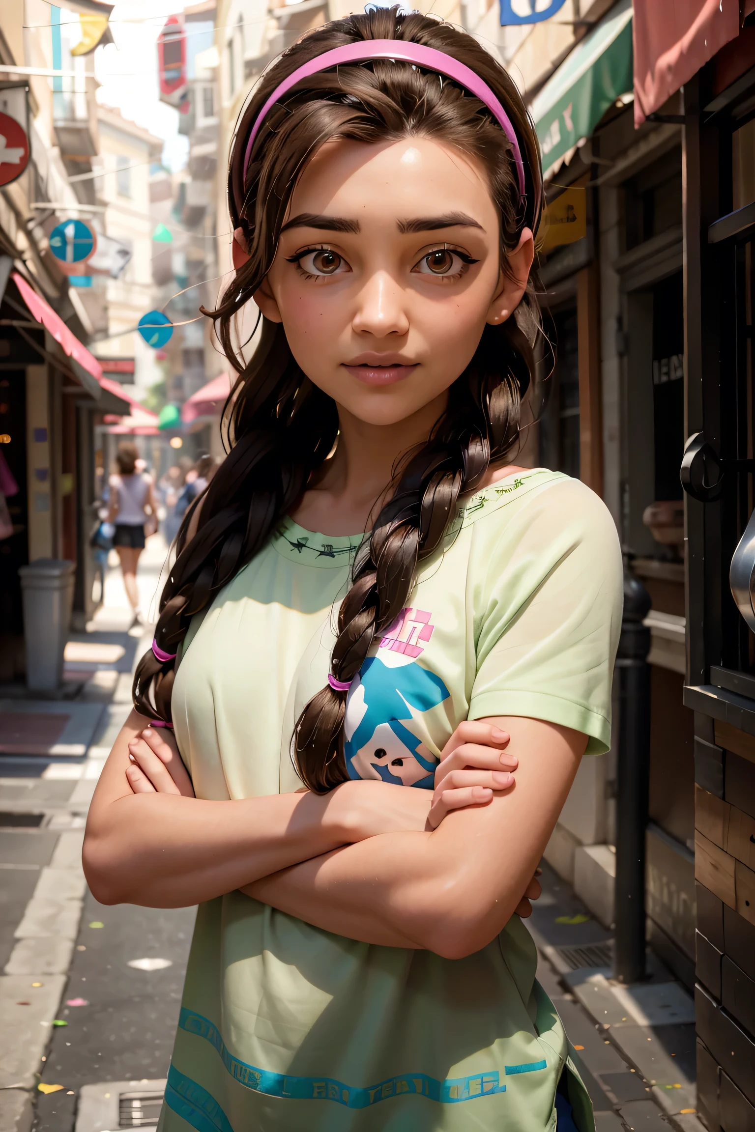 An impressive and intricate full color portrait, Ultra-HD a girl, brown hair with 2 braids, brown eyes, pink headband, detailed face, dressed in a light green t-shirt with embroidery on the neck, no logos, epic character composition, alessio albi, nina masic, sharp focus, natural lighting, subsurface dispersion, f2, 35mm, gentle smile