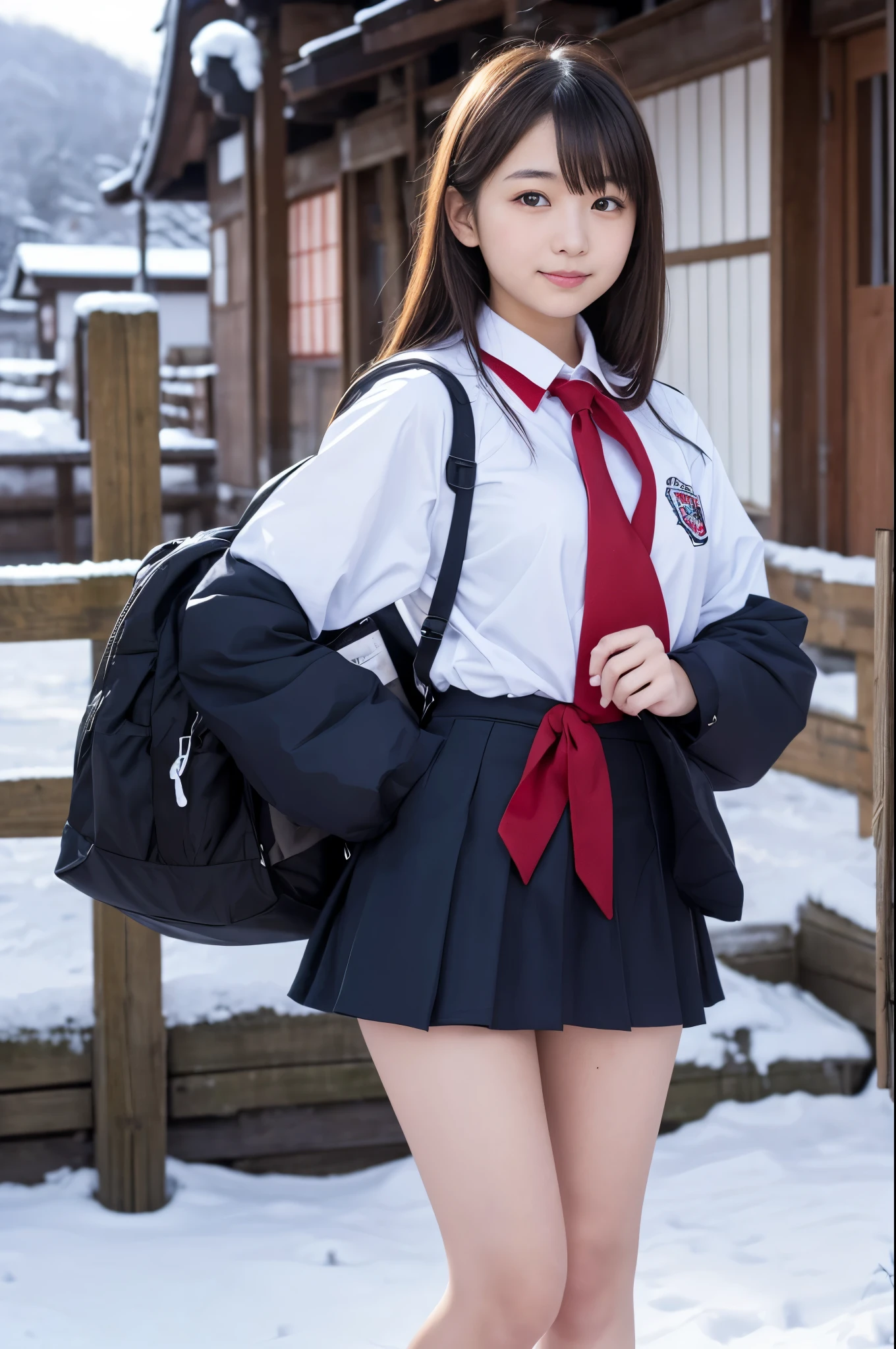 top-quality、​masterpiece、(Realism:1.2)、 1 人、Black hair、brown-eyed、frontage、A detailed face、beautidful eyes、Standing、japanaese girl、Japan High School Girl、校服、a sailor suit、skirt by the、Plucking and lifting the hem of the skirt、pantiy、Black knee-high socks、