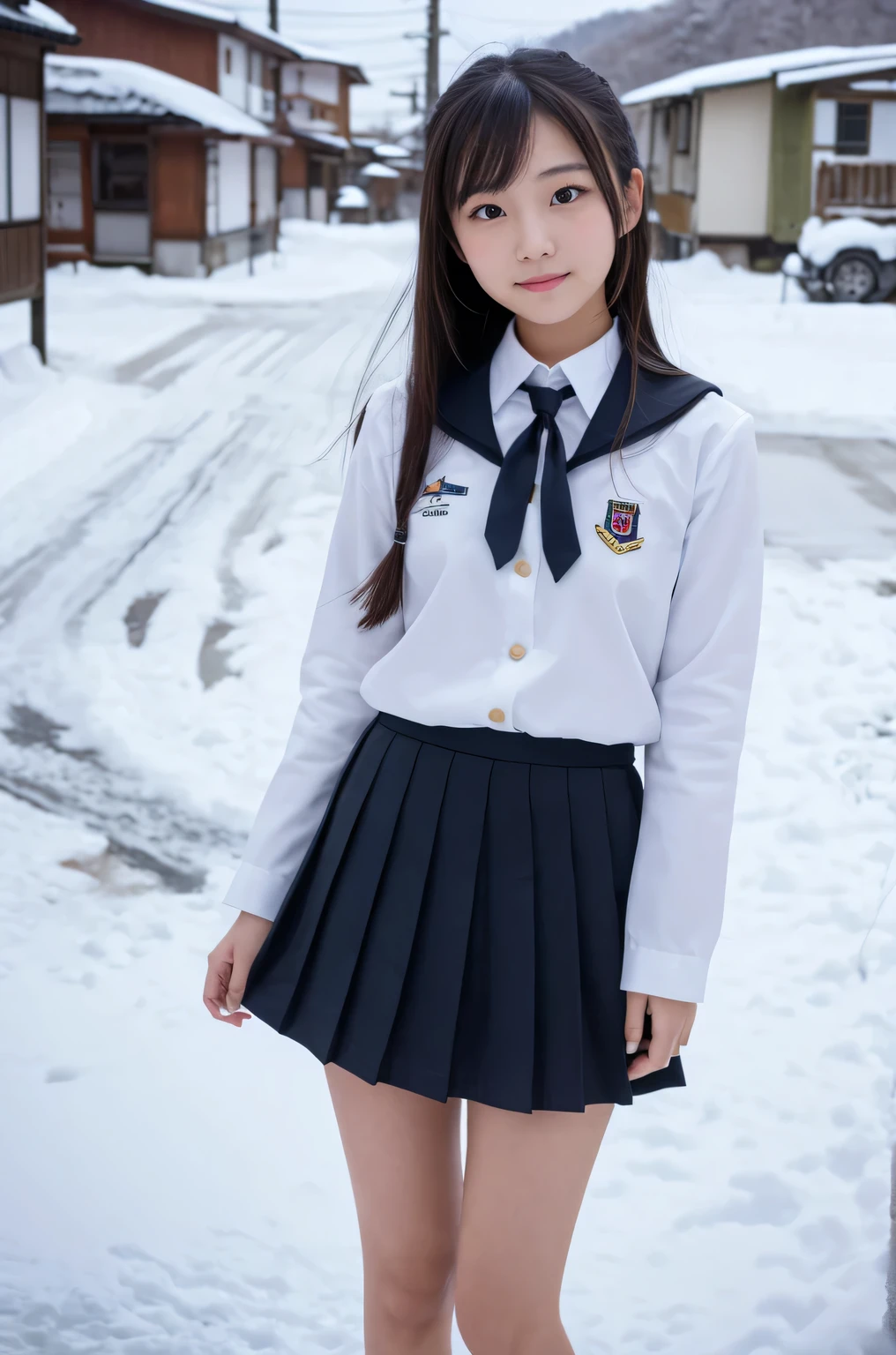 (Photo_\\(Medium\\):1.2), 1girl in, (Photorealsitic:1.2), hyper realisitic, photorealisim, a closeup, Raw feet, A dark-haired, bobhair, bangss, Black eyes, steampunc, a sailor suit, School uniform , hi-school girl, kawaii, goose bumps, Ultra mini skirt, Dark blue pleated skirt, snow mountains,background heavy snow background, cloudiness, Ephemeral, Full body, is standing, skin with goose bumps, Super beautiful legs, depth of fields, in 8K, VFX, nffsw, Very slender girl, Short socks, Tri-fold socks, white sock, Very short sleeves, Cute, bruised, Short sleeves even in winter, a beauty girl, Idol, Y2K, Strap Shoes, Loafer shoes