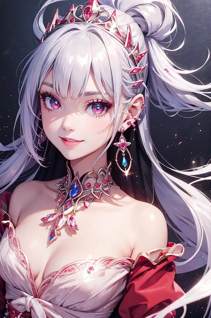 Silver hair, pink eyes, older woman, pink red and gold clothes, hair ornament, cat ears, necklace, long hair, smiling face, upper body