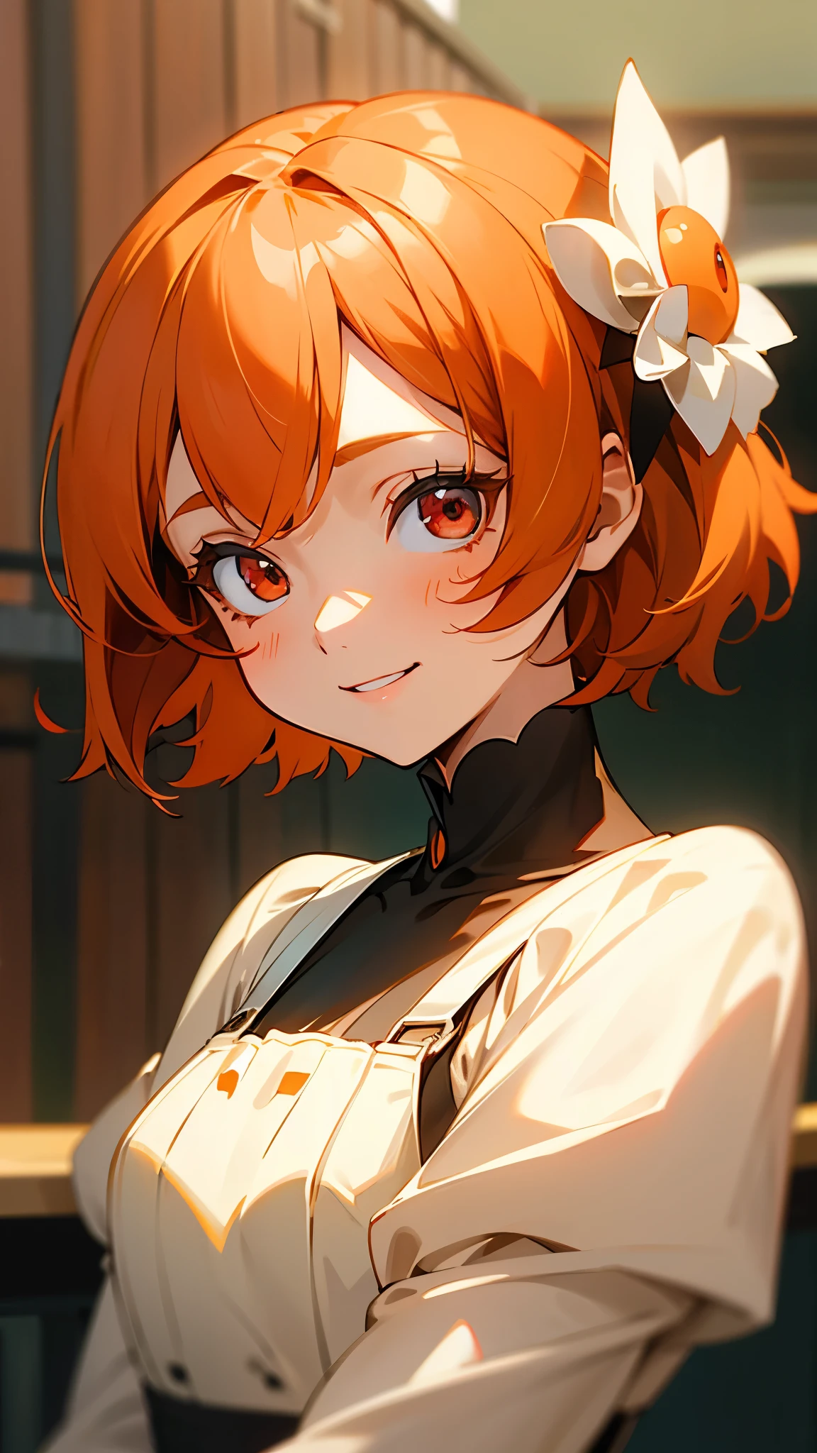 １ girls with light makeup、 orange hair、 bob hair、Round red eyes、 grins、 upper body closeup、 Morning Cafe Terrace 、Background blur、 the depth of the boundary is written 