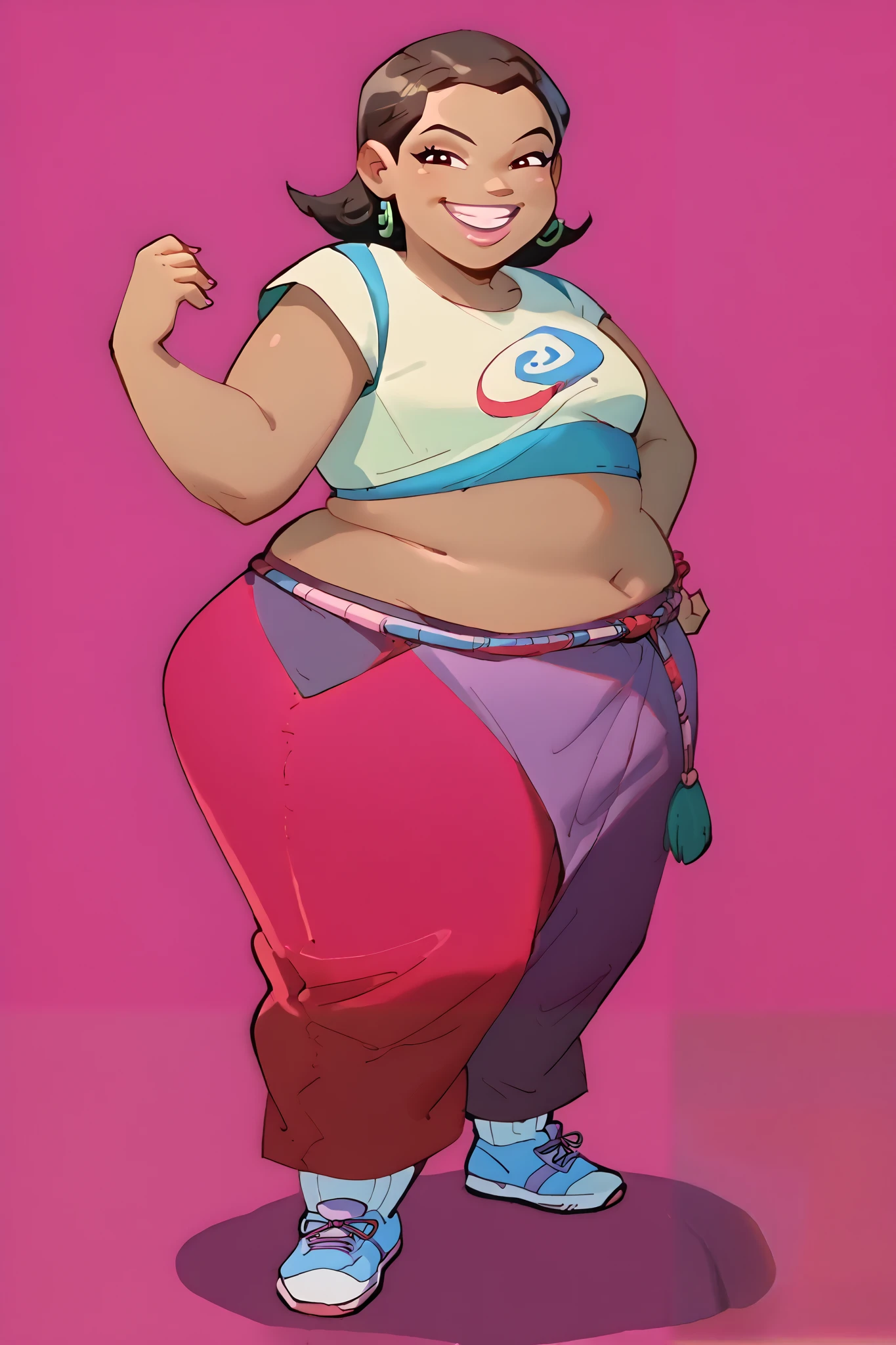 masterpiece, best quality, score_9, score_8_up, score_7_up, source_anime, full body, 1girl, Asian, brown skin, midriff, smug, smile
