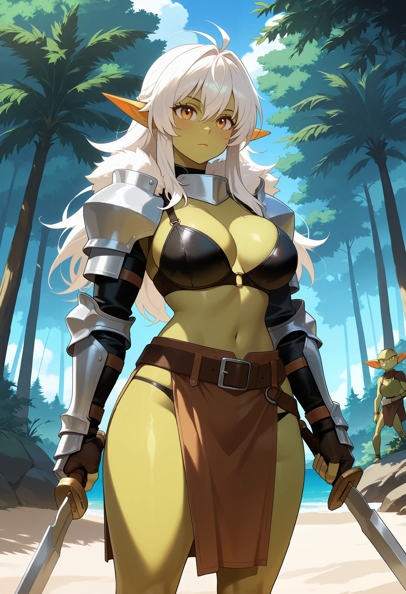 anime_screencap, score_9, score_8_up, score_7_up, score_6_up, score_5_up, score_4_up, anime_source, 2D, (masterpiece), best quality, Goblin girl, green skin goblin, Warrior girl on the edge of a forest, near a beach, funny, in leather armor, fur timed, ((Bra_fur_trimed)), waist curtain, holding blades, big apart breasts, puffy, fluffy wrists, fluffy colar, highrest, UltraHD, 8k, cute,