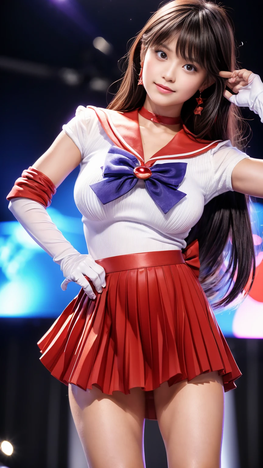 keiko kitafawa open thighs,shoot from below,camel toue,sailor senshi uniform, red sailor collar, red skirt, elbow gloves,fire back,