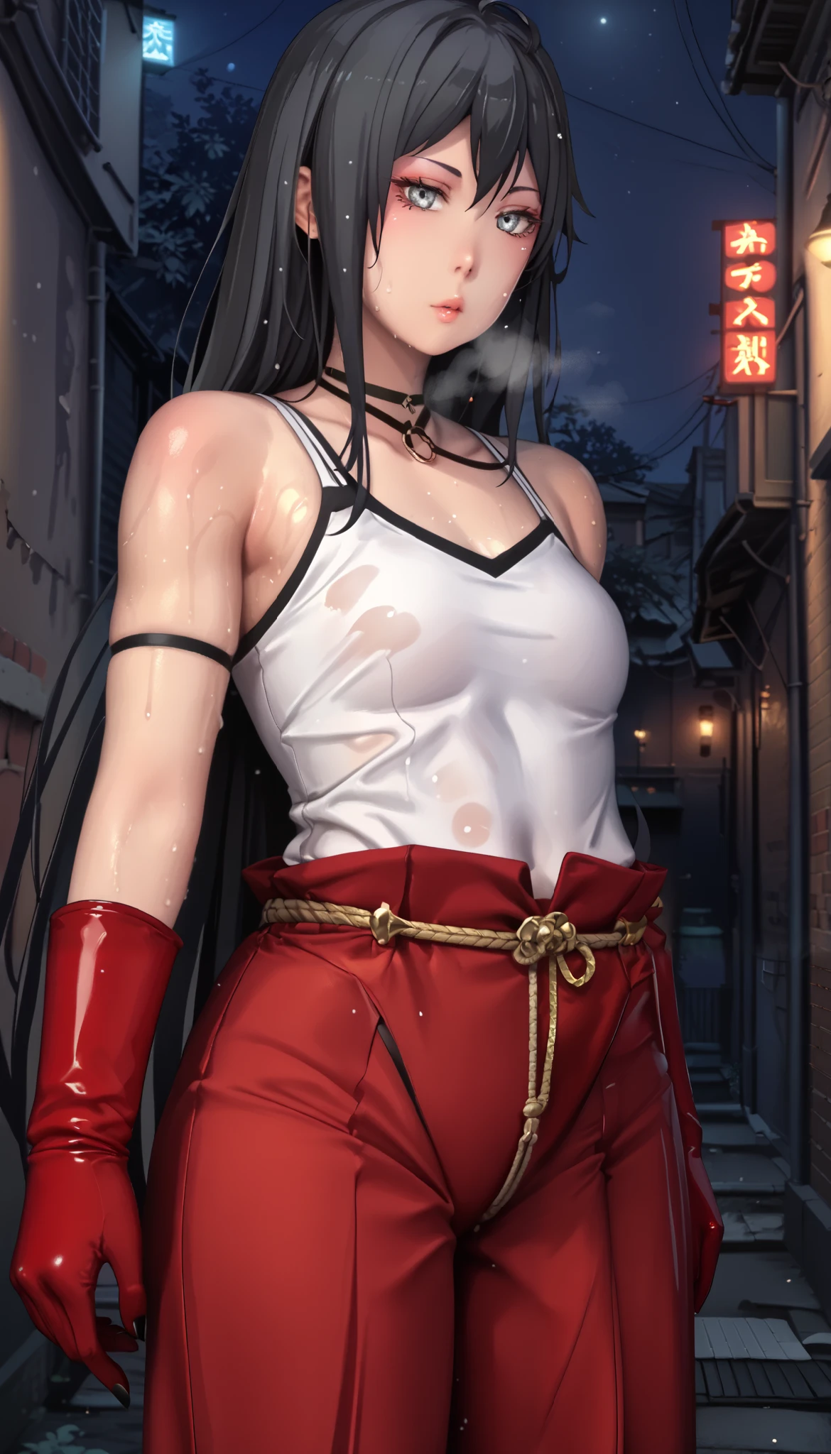 score_9, score_8_up, score_7_up, score_6_up, score_5_up, score_4_up, uncensored, yukinoshita yukino, absurdly long hair, grey eyes, black hair, very long hair, (small breasts:1.3), 3d, cgi, (voluptuous:1.3), (thick:1.3), BREAK UHD, retina, masterpiece, accurate, anatomically correct, textured skin, super detail, high details, high quality, award winning, best quality, highres, 4K, black nails, makeup, eyelashes, excessive sweating, sweating, sweating drop, (gasping, heavy breathing:1.3), (skindentation:1.2), perfect eyes, beautiful eyes, eyelashes, makeup, detailed body, perfect body, BREAK, white tank top, red (samurai armor), red gloves, pants, (getting undressed), night city, neon lights, dim lighting, dark alley,