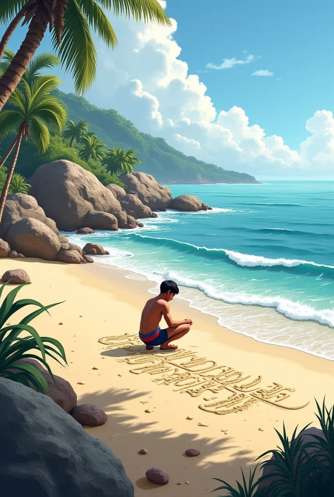 pixelated man breaking a bed on an island