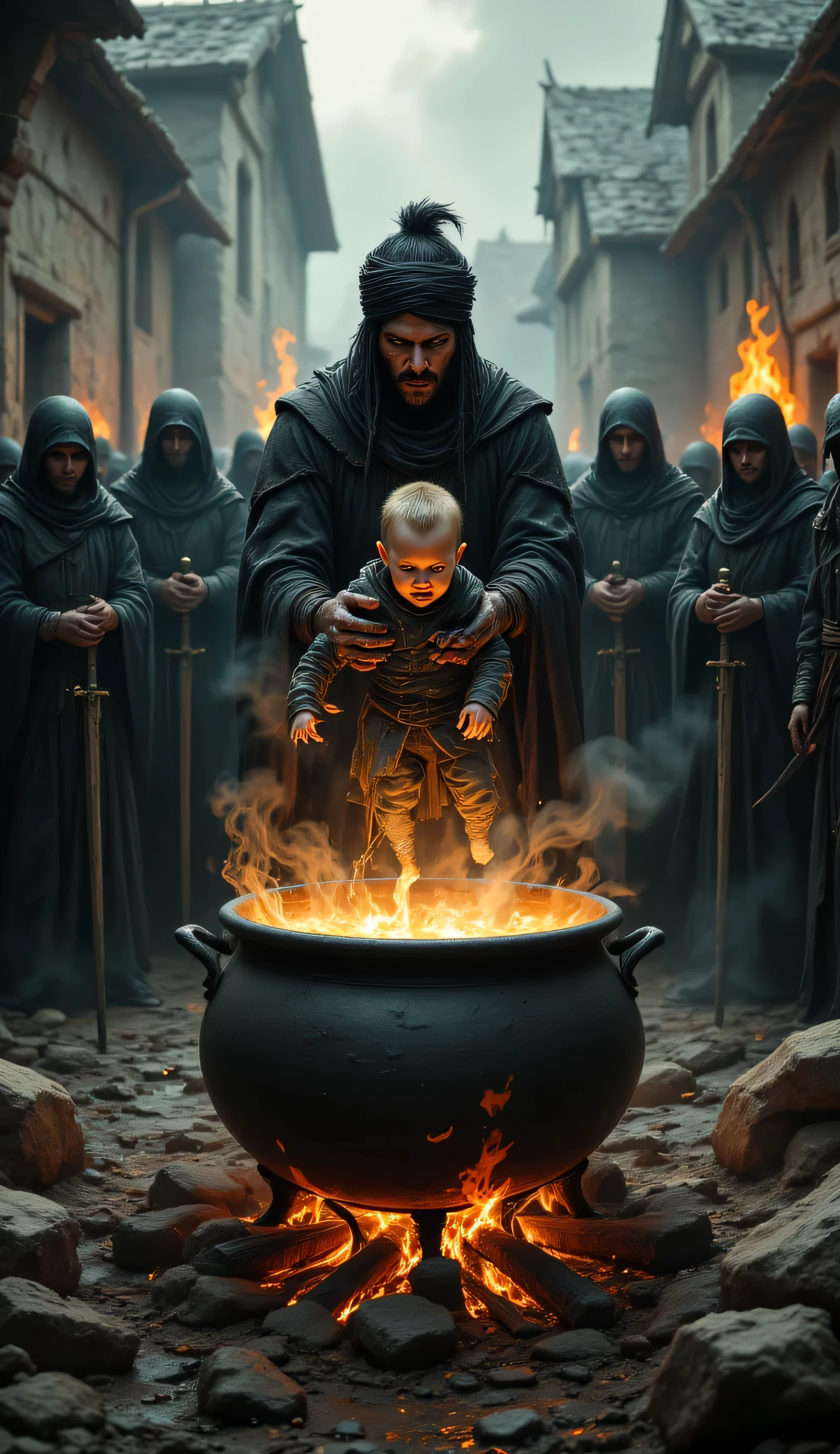 A village is seen, a very large cauldron of hot oil is boiling, a fire is burning under the cauldron, a man dressed in black is standing in front of the cauldron, a devil's turban on his head, the man is holding a small by the throat over the hot oil, the is crying, behind the man are many more soldiers dressed in black with swords in their hands, the fire is burning and smoke is rising in the background,