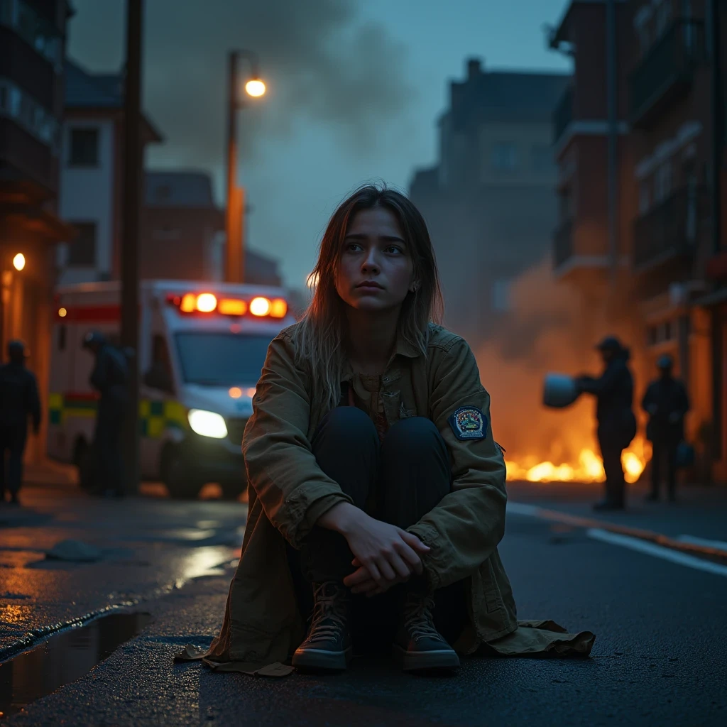 ((A sitting in the street feeling cold crying, teary hinged eyes, sadness cute face 🥺 )), the background of ((a burnt flat ruined and an ambulance, p((olice people turning to extinguish the fire with water buckets, night, police lights, smoke outside the destroyed house, flames))