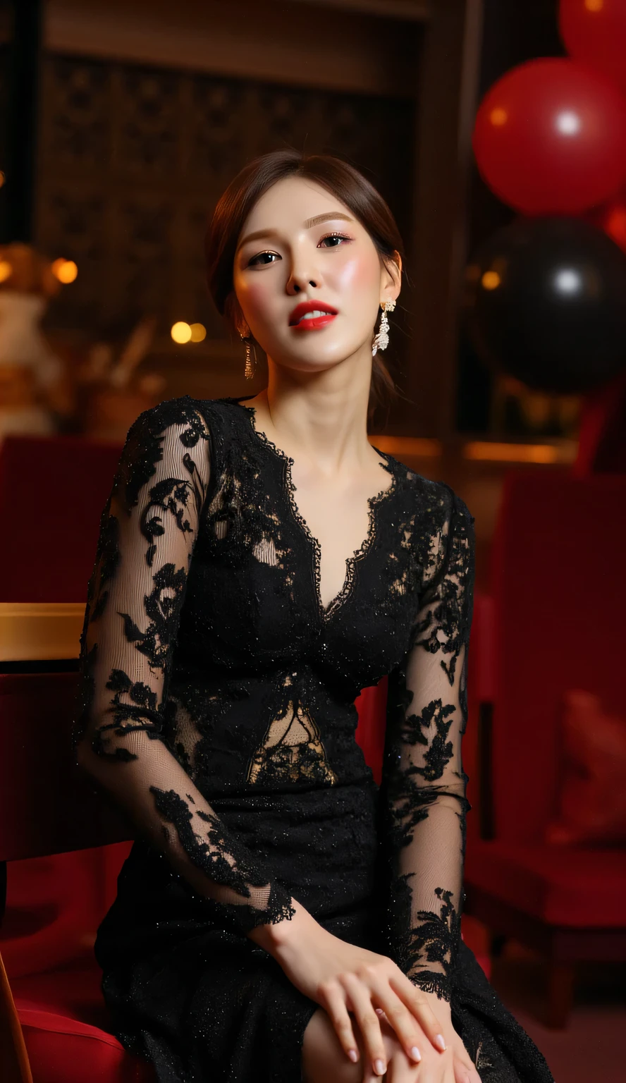 A bride , Sitting in a folding chair , using black color kebaya, using a black kebaya skirt, flaming red lips , seductive smile