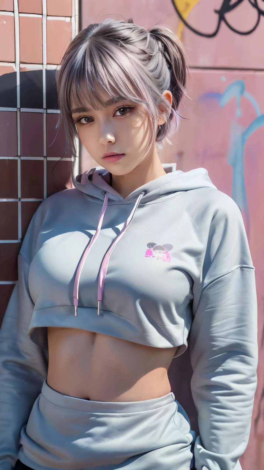 Sexy big boobs、Sexy cute looks and cute 15 year old beautiful girl, Beautiful and sexy face、A strong wind blows my hair in front of my face、Beautiful long metallic pink ponytail hair and、Beautiful, cute and sexy eyes hidden by long bangs、Cute ribbon、Cleavage、Belly button T-shirt、Rough hoodie、