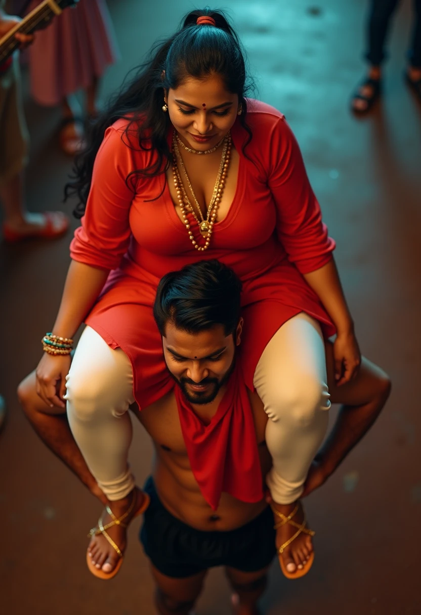 Smiling and Beautiful indian woman in dark pink silk saree lifting up a large chubby man on her head, in a room with high ceiling, full body view