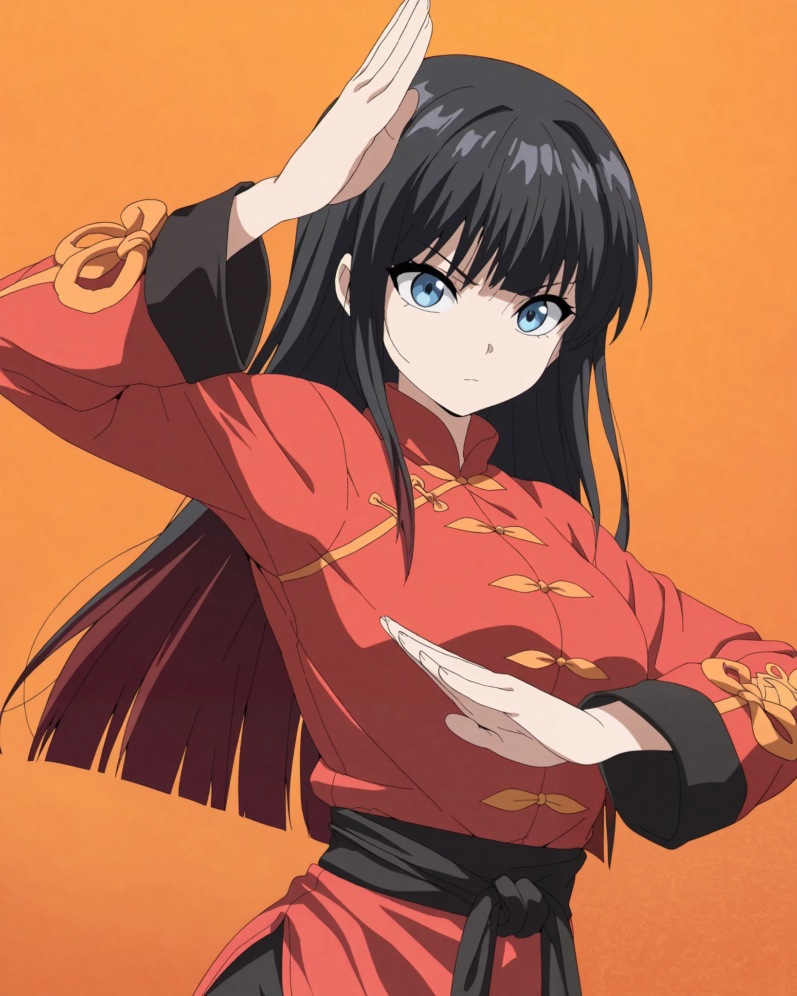 ( High Resolution,  very detailed ,  images,precise,  Masterpiece,Solo ),(1 woman, black hair,Long hair,Highlights the bright orange knot ,Red-eyed Widow , blue eyes,Kung Fu Set , Yut(, anatomically correct, half body, Anime Style)
