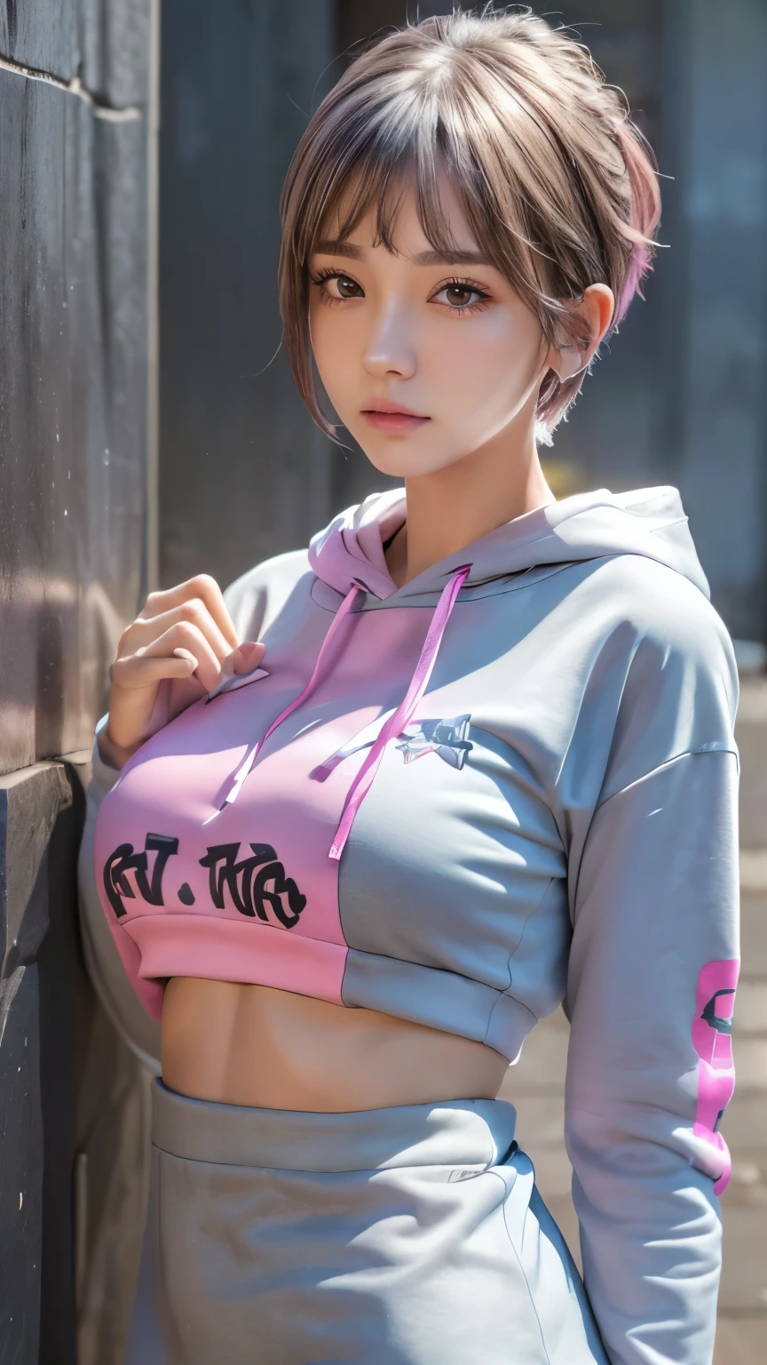 Highest quality, Ultra-high resolution, Realistic, Browsing Caution, Cyberpunk sexy pink hair girl、Take photos in a studio environment with a gray background, View your viewers, Upper Body, thin, Visible Cracks, Crop top,Big Breasts,Small and beautiful nipples