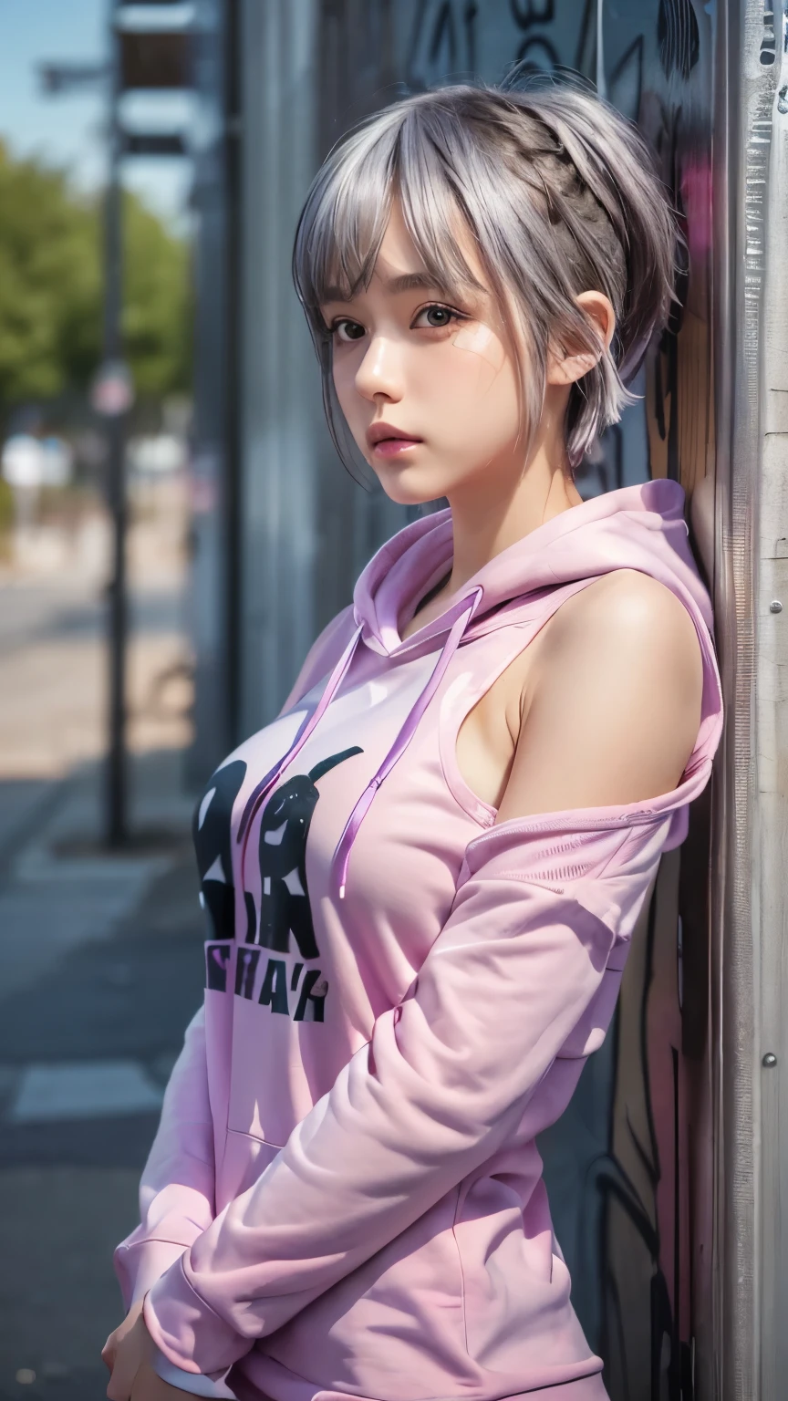 (Kneeling),dynamic pose,(shot from above:1.3),1girl,pale skin,pink hair,delicate face,heterochromia eyes,freckles,(black hoodieA:1.3,short shorts),small waist,(wide thigh gap:1.3,wide thighs:1.3),(best quality:1.2,ultra-detailed,realistic:1.37),portrait,soft colors,polished lighting
