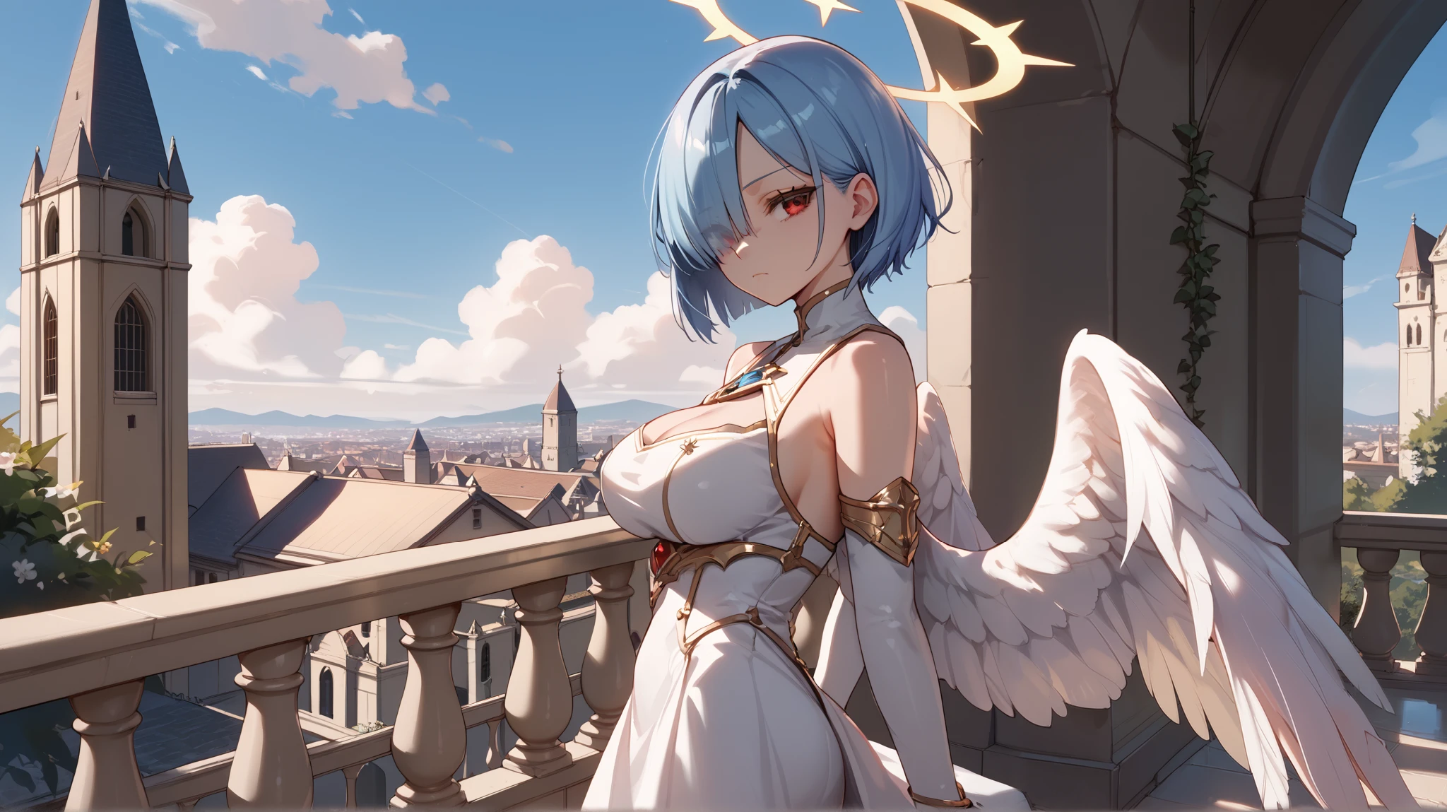 score_9_up, score_8_up, score_7_up, 1girl, solo, source_anime BREAK
Blue hair, short hair, hair over one eye, red eye, emotionless face, bored face, large breasts BREAK
White dress, gold trim, angel, feathered wings, white wings, halo BREAK
Closed mouth, looking at viewer, standing, from side, side view, butt, outdoors, church, cloudy sky, balcony, daytime BREAK