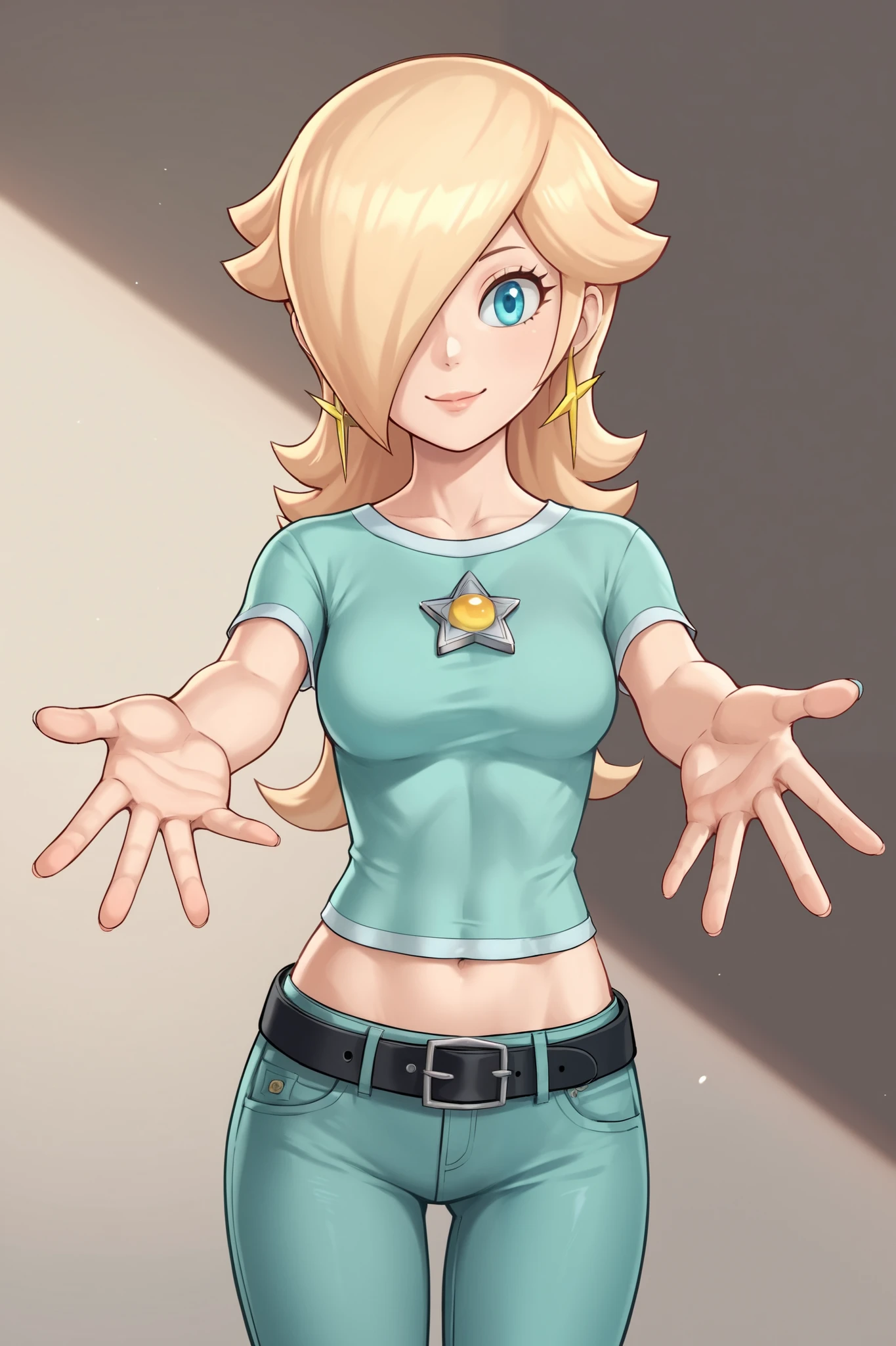 score_9, score_8_up, score_7_up, source_anime, rosalina, blonde hair, blue eyes, hair over one eye, long hair, star earrings, solo, cowboy shot, black t-shirt, taut clothes, tight shirt, midriff, navel, jeans, black belt, smile, closed mouth, outstretched arms, hug