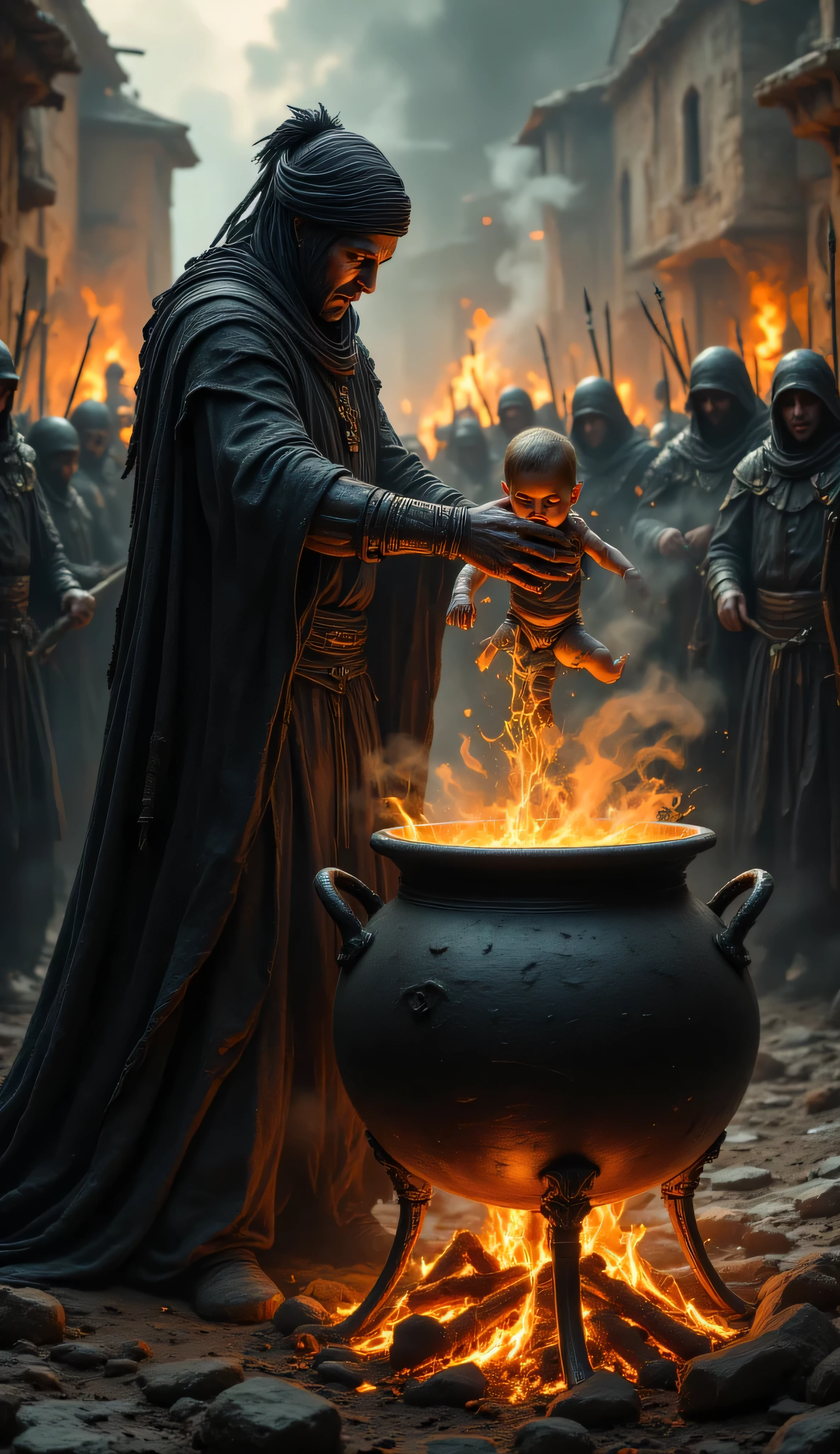 A village is seen, a very large cauldron of hot oil is boiling, a fire is burning under the cauldron, a man dressed in black is standing in front of the cauldron, a devil's turban on his head, the man is holding a small by the throat over the hot oil, the is crying, behind the man are many more soldiers dressed in black with swords in their hands, the fire is burning and smoke is rising in the background,