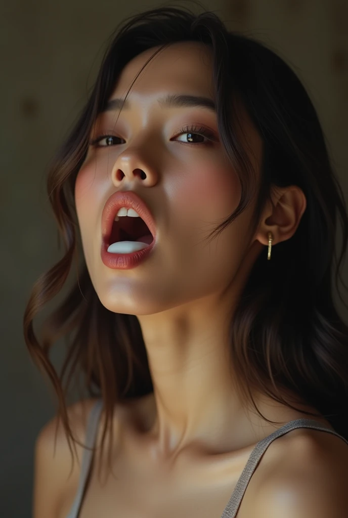 Tabletop,Awards - Winning Photos, Very detailed, Edge Orgasm, Woman with open mouth and closed eyes , Skin shiny with sweat、Lighting that highlights the shine of sweat{{{Spread the word }}}, Black-haired、Browsing Caution,{{{{A large male audience}}}},(Realistic C-shaped elongated nostrils)、Symmetrical nostrils,Dark Gray Background,(((Face close-up)))