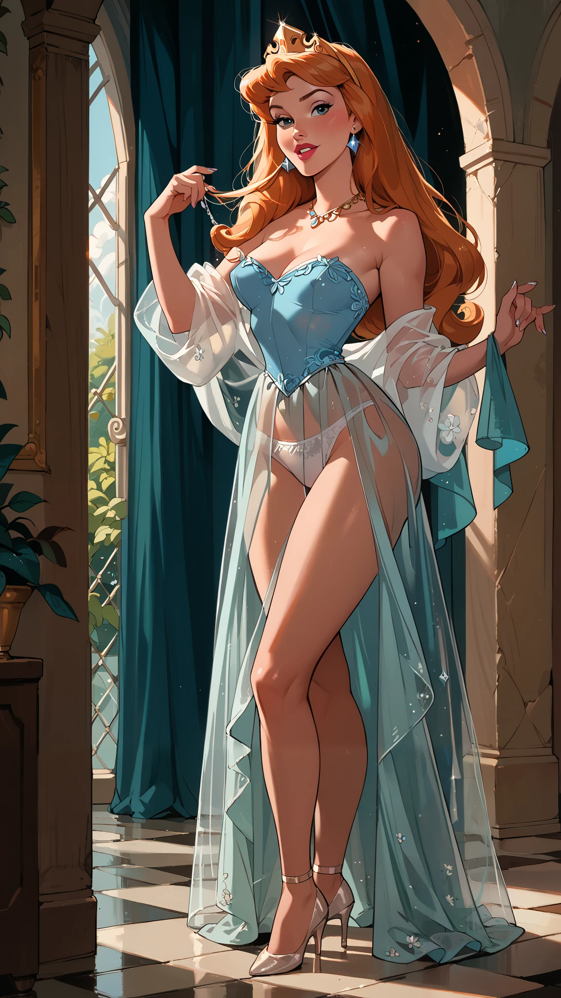 Sexy Disney princess, transparent clothing, white panties.

Transparent