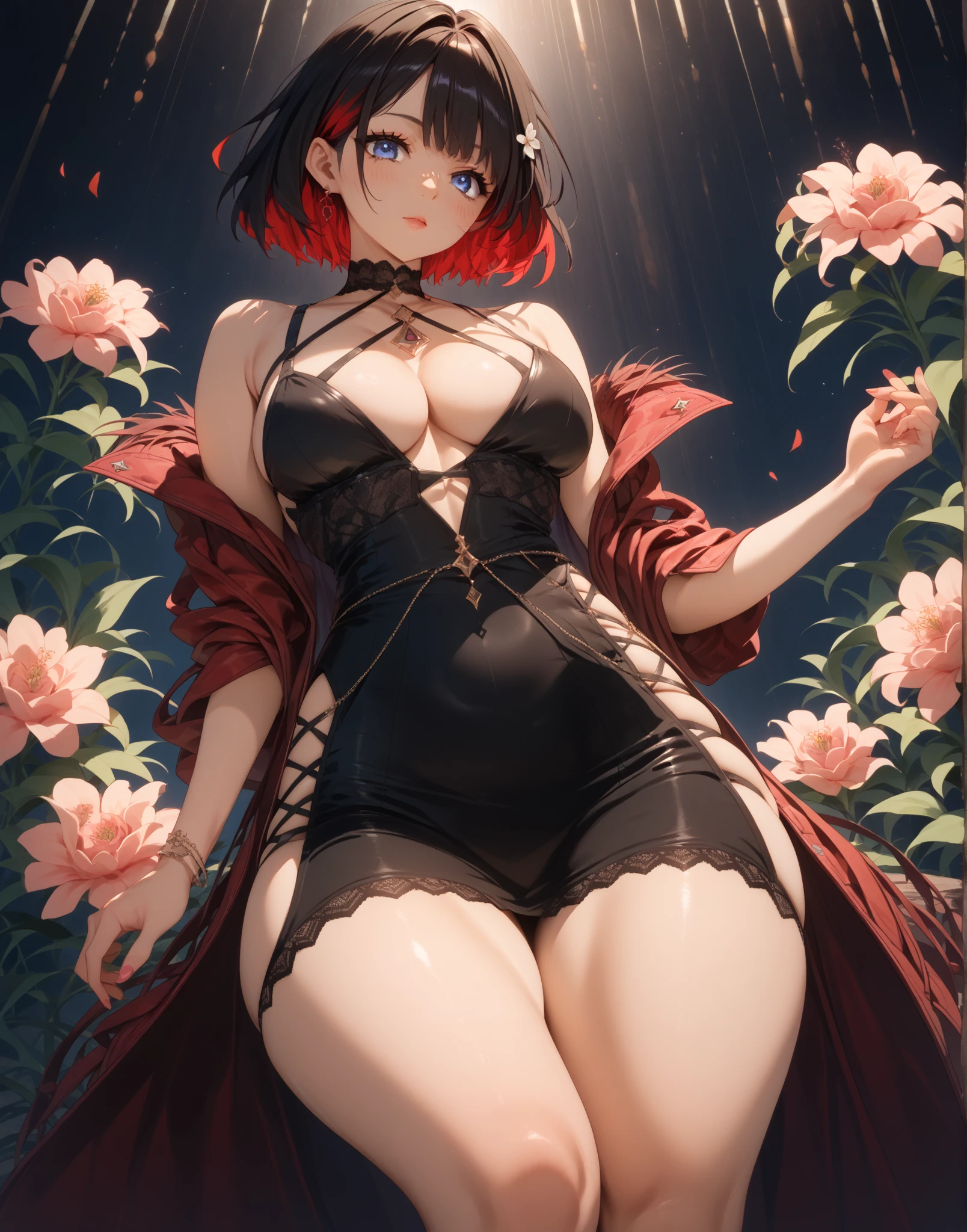 (nsfw:1.2), (lying limp:1.9), (Spread your legs:0.7), (Loose long Dress:1.5), (Red deep plunge neck dress:1.8), Sideless, necklace, Purple Bob Cut, High leg dressOne girl, Focus Only, in bedrooms on bed, window, Cyberpunk City,rain, night, City lights, View your viewers, Grin, Blunt bangs, eye shadow, Low Ponytail, lipstick, compensate, Detailed beautiful face, Detailed beautiful Purple eyes, Bare shoulders, Large Breasts, Cleavage, Thighs,blush