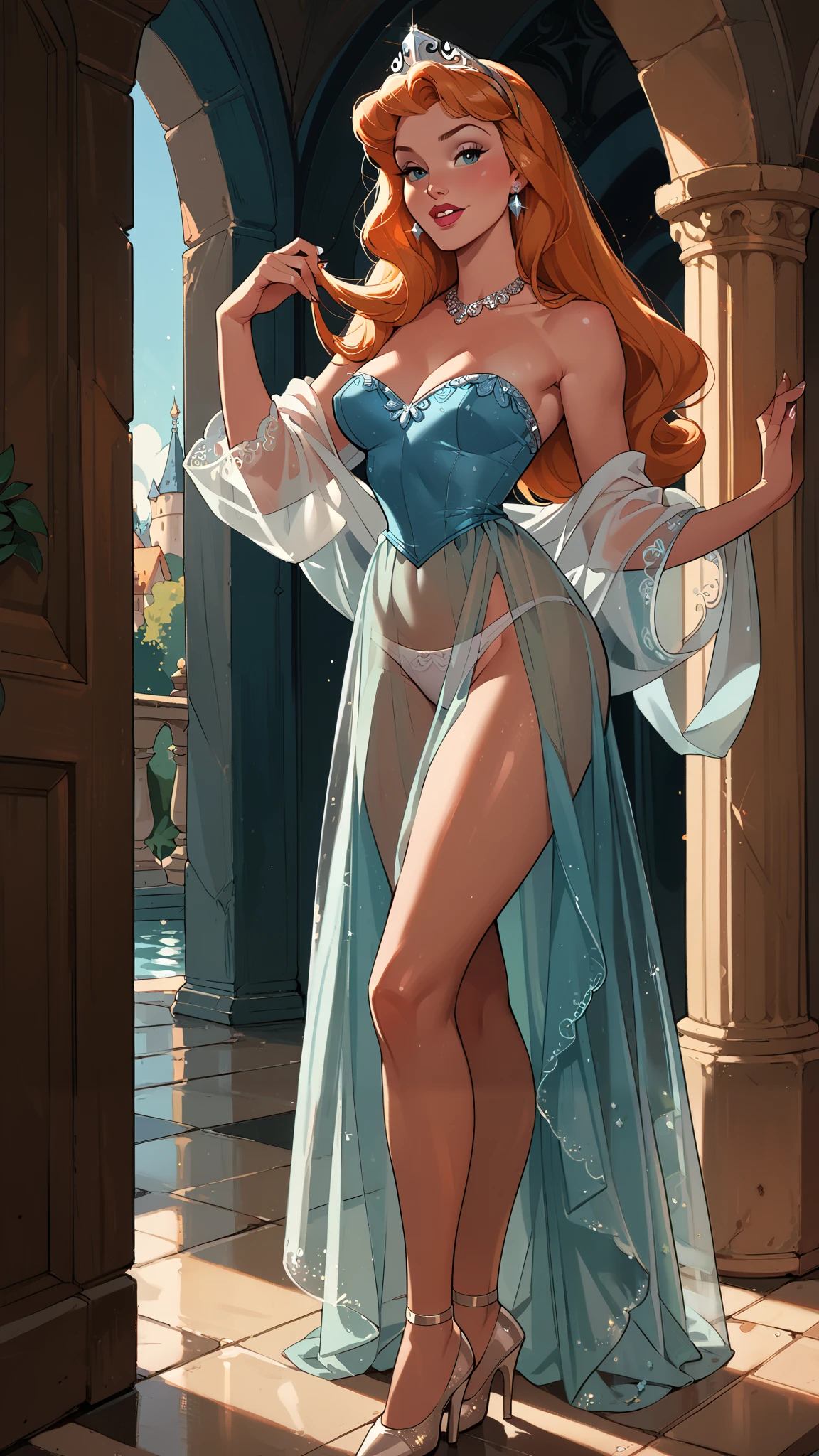 Sexy Disney princess, transparent clothing, white panties.

Transparent