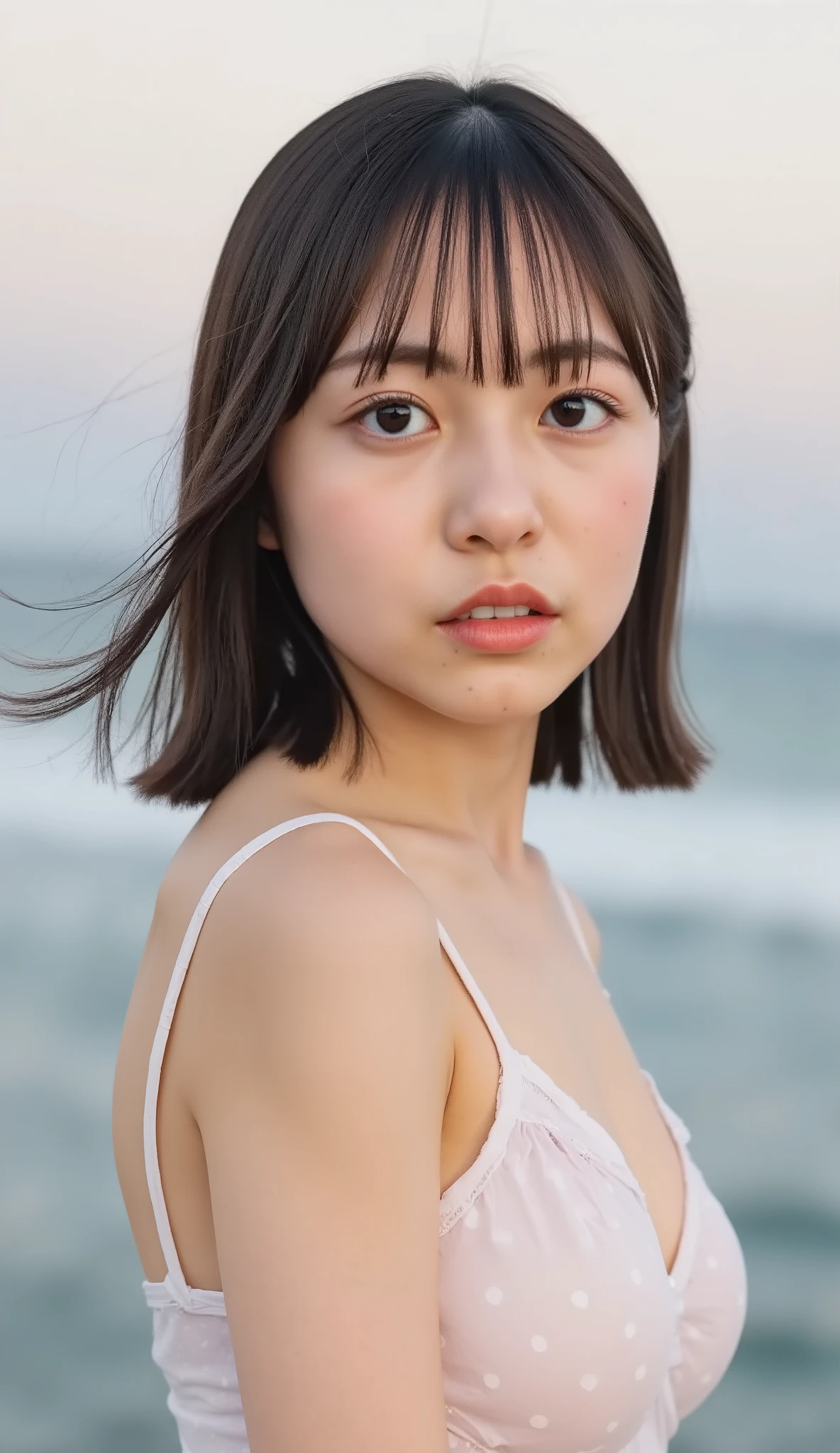 This high resolution photograph of a young Japanese woman, intricate details, extremely detailed, sharp focus, professional lighting, solo, 1girl, natural make-up, pale skin, fine-textured skin, (small head, small face) ,detailed face, detailed eyes, sophisticated nose, (flat chest:1.4), slim and thin body, narrow waist, thin legs, seductive posing with sensual face for gravure photography, lingerie shoot,
(sweaty thin-strap white polka-dot lite-pink camisole, thong, covered nipples), (standing, arms up, showing armpits:1.2), looking at the camera,
outdoors, at dusk,