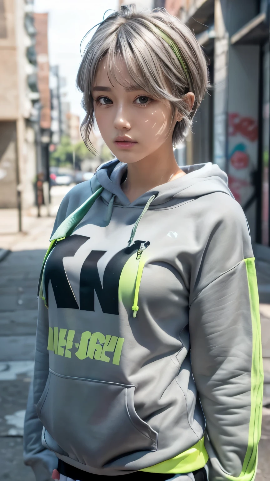 Innocent 16 year old girl、((Random color oversized sweatshirt,random shorts,Reduce visible area of shorts,dramatic pose)),cute face,bright eyes,tear bag,shortcut,Cafe background,RAW photo, (8K、highest quality、masterpiece:1.2)、(intricate details:1.4)、(realistic:1.4)、octane rendering、Intricate 3D rendering Super detaileded, soft light in the studio, rim light, vivid details, Super detailed, realistic skin texture, face, beautiful detailed eyes, Highly detailed CG Unity 16k wallpaper, compensate, (detailed background:1.2), shiny skin, whole body、large breasts, Draw from head to foot,((stand,Thighs are visible))