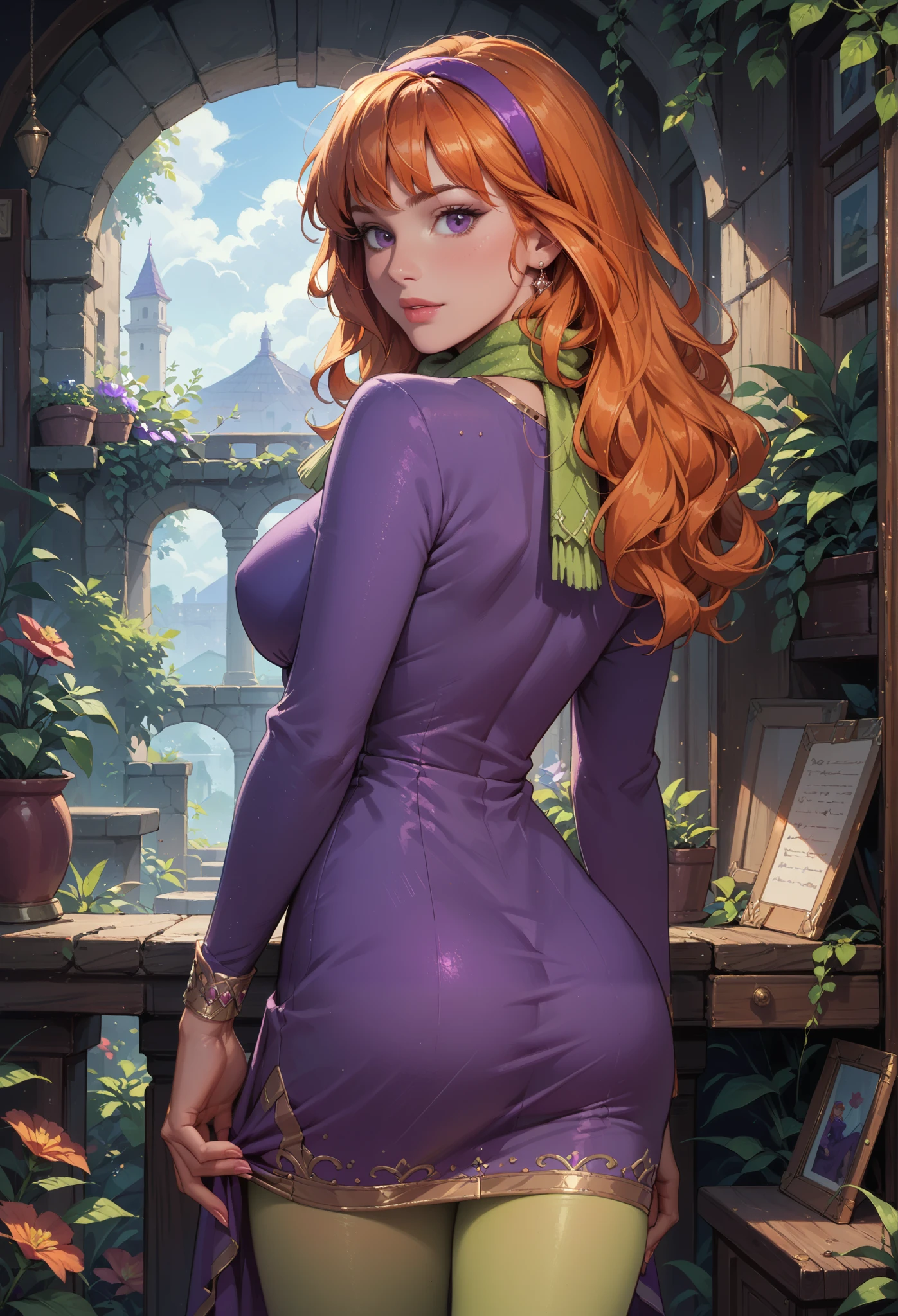 , sexy Irish girl, 25 years, orange hair, long hair, purple eyes, purple hairband, green scarf, pink pantyhose, purple dress, long sleeves:1.3),Solo, Looking at viewer, Masterpiece, Best Quality, Large breasts,