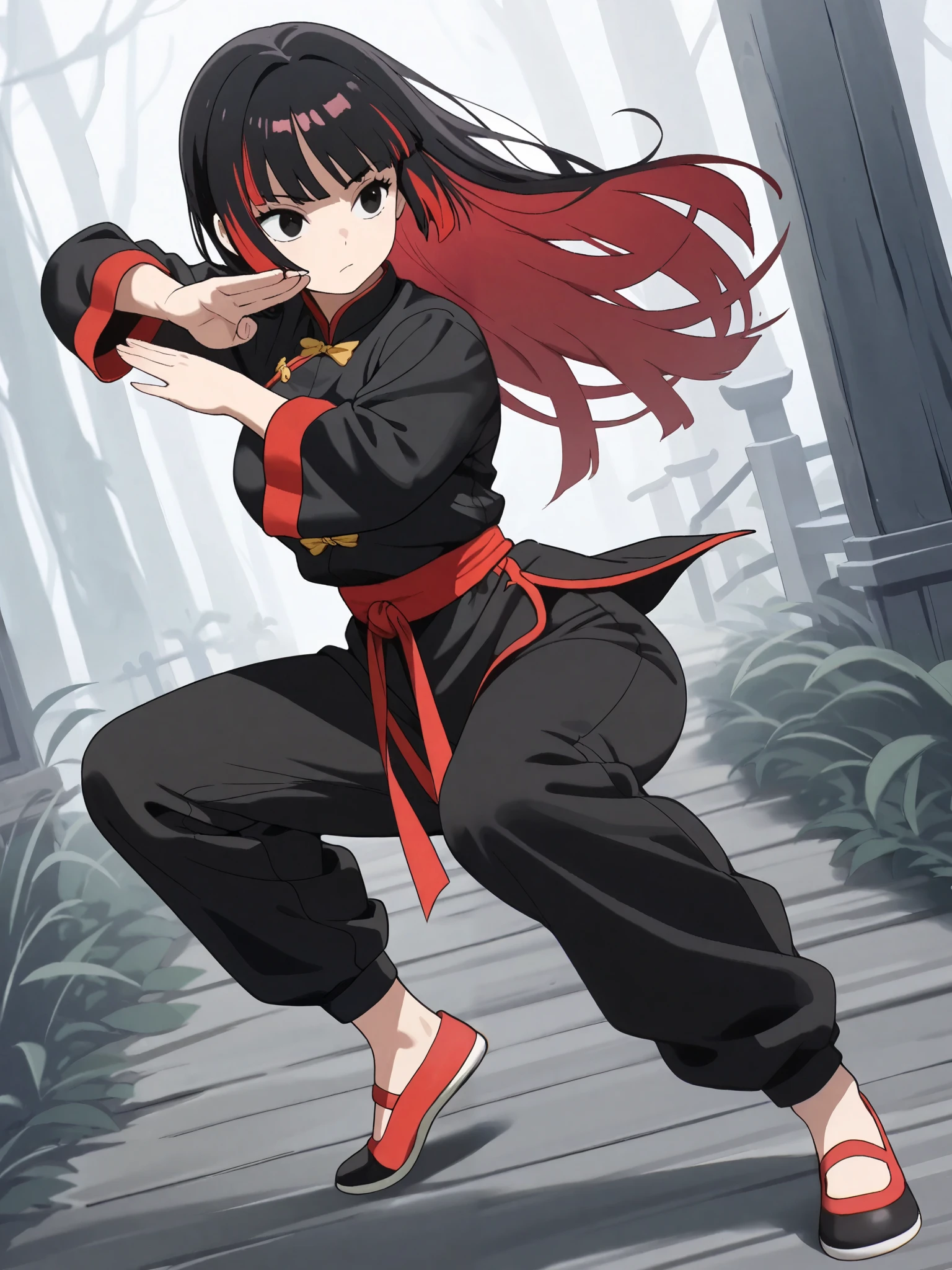 ( Max Resolution , very detailed , images,precise, Masterpiece,Solo ),(1 woman, black hair, long hair , hair, bangs, sides , highlights bright red hair ,Red-eyed Widow ,Dark black eyes,Kung Fu Set , Yut( anatomically correct, full body, Anime Style)