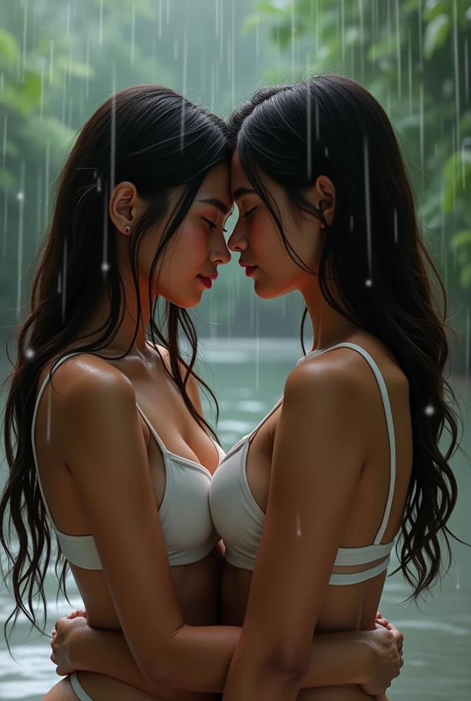 two women in a bathroom looking at each other, lips touching, wet shirt, lesbians, wet, bottom angle, soaking wet, under a shower, sapphic art, cute girls, carnal ) wet, pov photo, darling wash off in the rain, in bathroom, lesbian, two girls, soaked, wet tshirt, bottom shot, wet and slimy, wash off in the rain kiss