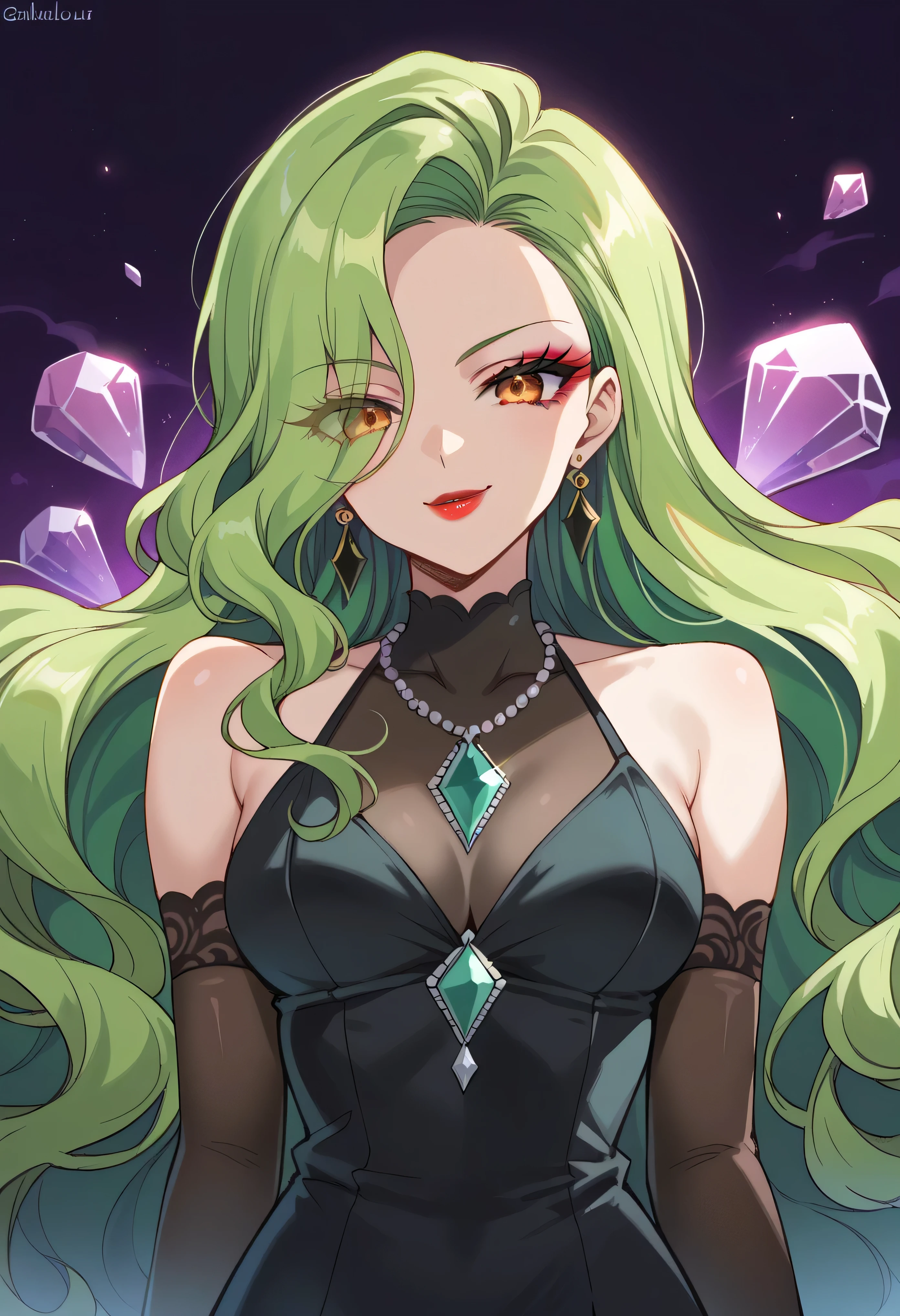 1 girl, cute face, green hair, very long hair, wavy hair, alone, gloves, red lipstick, makeup, elbow-length gloves, eye shadow, bare shoulders, black dress, gem necklace,purple crystal earrings, black mist background,very evil smug,Shaded face(eyes in shadow),dark aura,