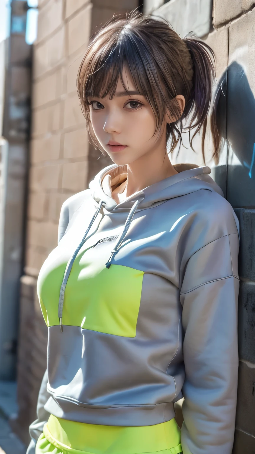 (((Beautiful girl small breasts)))、Wearing a jacket, Long Hair, Cyberpunk Red Green Background、(((Upper body naked))),smile,Young Face,、(((Round face))),(((Big eyes)),((( Round eyes)))