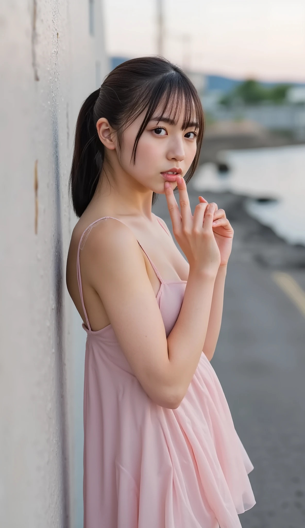 This high resolution photograph of a young Japanese woman, intricate details, extremely detailed, sharp focus, professional lighting, solo, 1girl, natural make-up, pale skin, fine-textured skin, (small head, small face) ,detailed face, detailed eyes, sophisticated nose, (flat chest:1.4), slim and thin body, narrow waist, thin legs, seductive posing with sensual face for gravure photography, fashion shoot,
(seductive sheer dress:1.2), (standing, fingers brushing her lips), looking at the camera,
outdoors, at dusk,