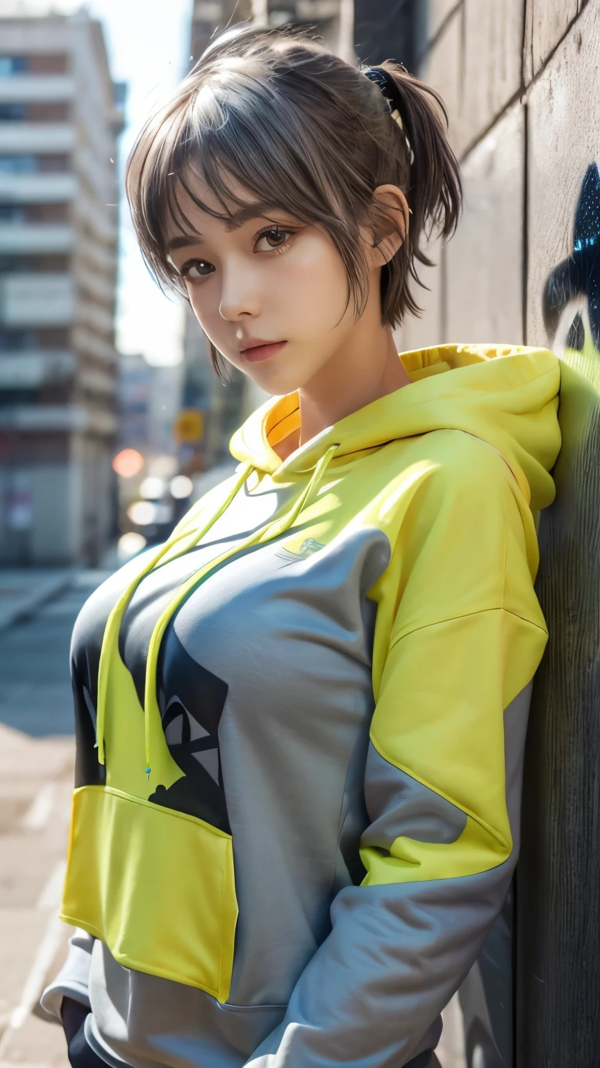 masterpiece, highest quality, Very detailed, 8k, Realistic, One Girl, alone, Tomboy, Very detailed face, (head shot:1.5), Upper Body, Standing in front of a wall covered in hip hop graffiti, Light brown pixie cut hair, He is wearing a short black tank top and an open-zipped yellow hoodie.。., Reaching into the pocket of a hoodie