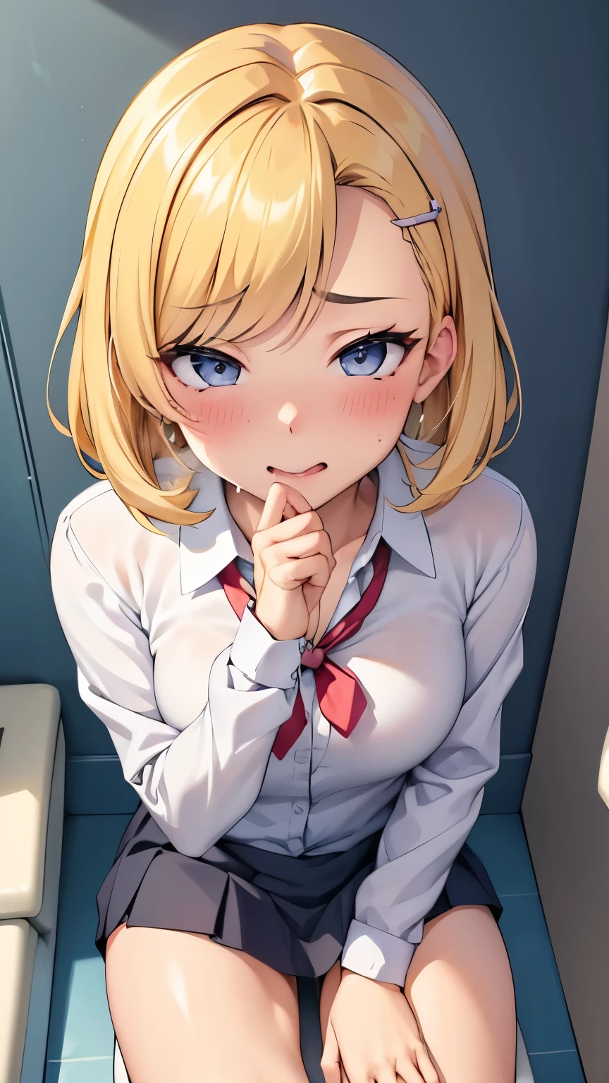 ( Private toilet)、throw, Cute Girl 、 gals、 blondes、JK, cardigan、 blouse、 skirt 、 Face Closeup , shot from above、(( sit on the toilet seat and open your legs 、 Pants that will soon be taken off ))、 Cover your crotch with your hands 、( looks at the viewer from above 、 embarrassing、、 orgasm、 excited), your mouth slightly、( fog around your mouth 、 heavy breathing)、