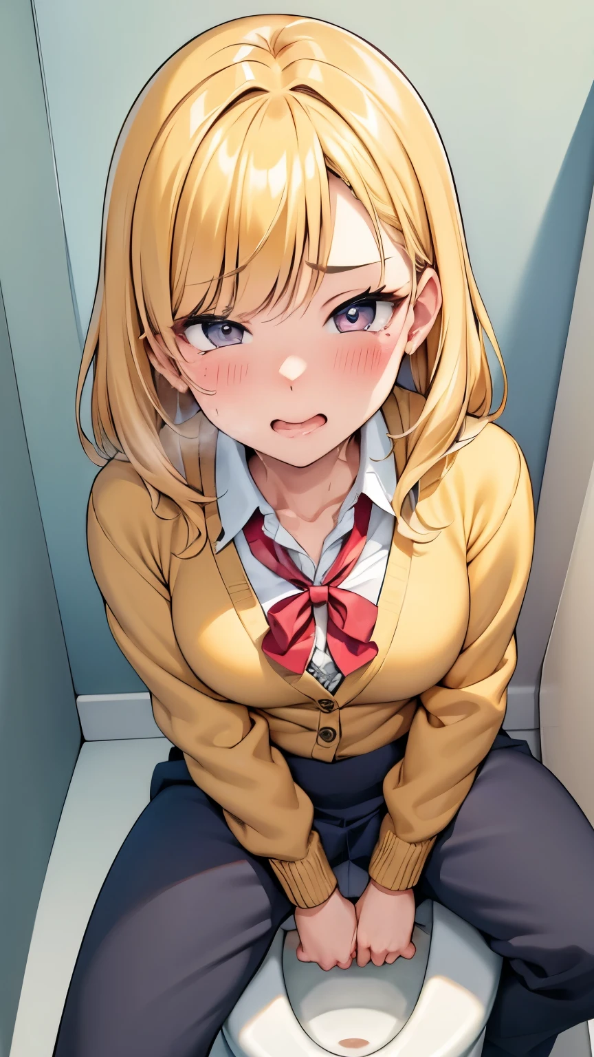 ( Private toilet)、throw, Cute Girl 、 gals、 blondes、JK, cardigan、 blouse、 skirt 、 Face Closeup , shot from above、(( sit on the toilet seat and open your legs 、 Pants that will soon be taken off ))、 Cover your crotch with your hands 、( looks at the viewer from above 、 embarrassing、、 orgasm、 excited), your mouth slightly、( fog around your mouth 、 heavy breathing)、