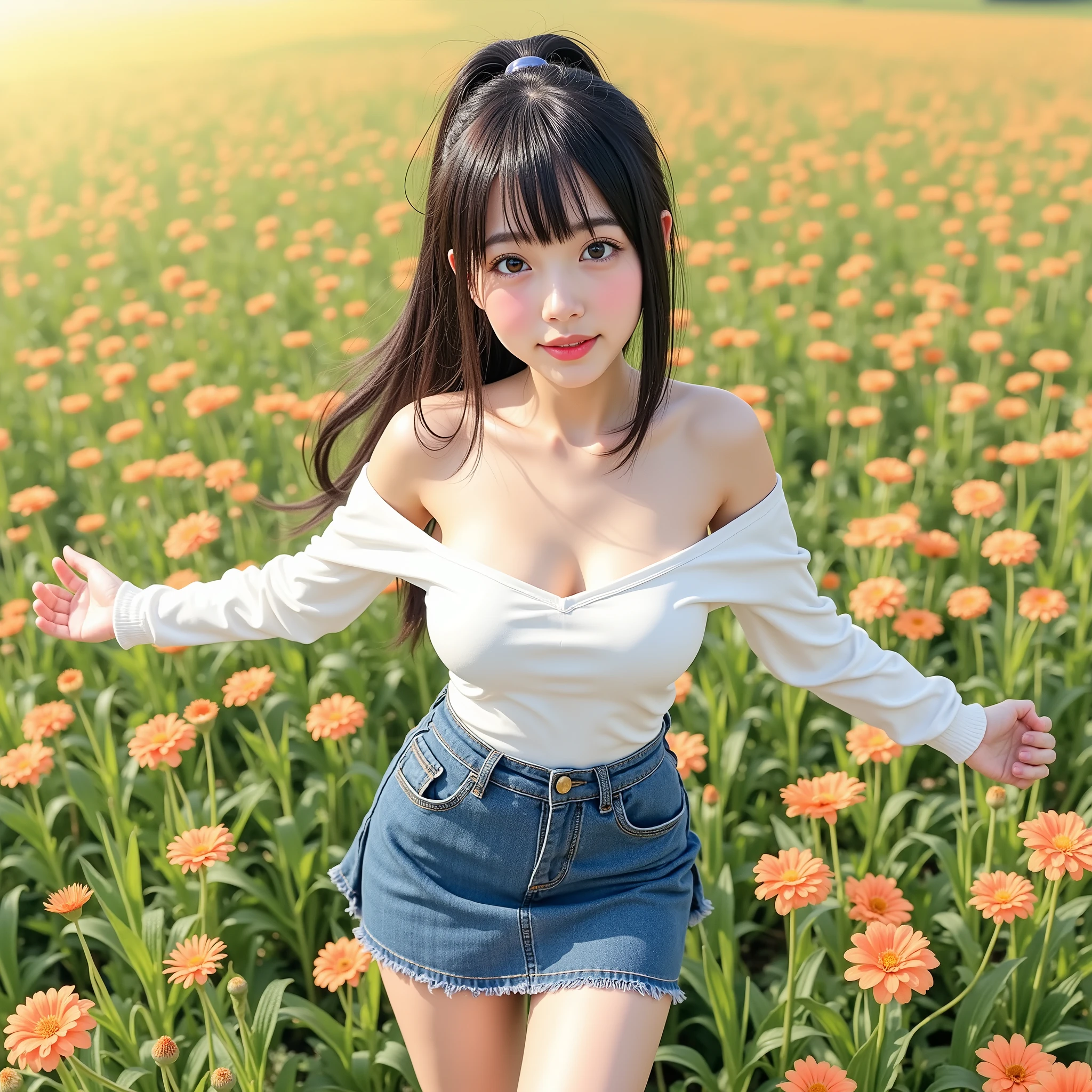 2Danime, Masterpiece, nsfw,8k,( tidy 1 Girl , slender body, short body, flat chest,Narrow shoulders width, Wide pelvis, Small Ass, thick curvy thighs , taken from below ),(yo Japanese girl , 154 cm tall ,pale skin), top of head,Knees, ((head tilt)),cool smiling, standing with spreading arms,black hair, straight short ponytail with bangs ,( beautiful faces, super cool face ,small eyes, hazel eyes ),
wearing a long sleeve deep-v-neck tight t-shirt , Sleeves are black, Body is white, off shoulder,blue denim mini skirt,on grass of light-orange color flowers,sunny day
85mm , Official AR RAW photos ,( realistic, more details ), top quality, chromatic aberration is anatomically correct , Textured Skin