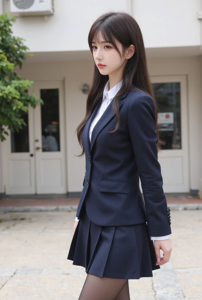 8K, Ultra-high resolution, Highest quality, masterpiece, 三分割法によるphotograph,Surreal, photograph, 1 Girl, (16 years old:1.3), pretty girl, Cute face, Beautiful eyes in every detail, 細かくdetailedに,masterpiece,, One Girl:1.2, Japan Female Announcer,whole body,((very small head:1.3)),Center-parted bangs,amount,Black Hair,Long Hair,Iris,Gorgeous eyes,smile,((Toned body,Slender body,skinny)),(school uniform、Dark blue blazer jacket、Navy blue tie、Grey plaid pleated mini skirt),Glowing Skin,Shiny skin,Beautiful leg line beauty,Urban area,street tree,Full of sex appeal,Sensual,屈託のないsmile,Heal the heart,Looking at the audience、beauty,Long neck、Laugh a little、Please close your mouth and laugh、(((Ideal body type))),A cup small breasts :2,、Portraiture:2、Perfect Anatomy、鮮明なdetailed、detailed、Surreal、Light and shadow,Strong light