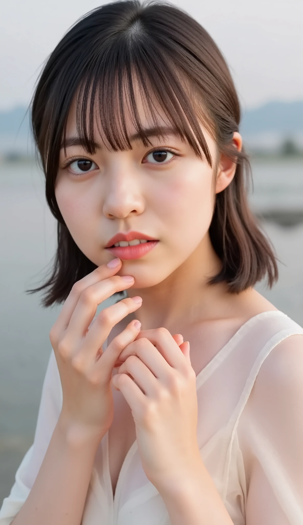 This high resolution photograph of a young Japanese woman, intricate details, extremely detailed, sharp focus, professional lighting, solo, 1girl, natural make-up, pale skin, fine-textured skin, (small head, small face) ,detailed face, detailed eyes, sophisticated nose, (flat chest:1.4), slim and thin body, narrow waist, thin legs, seductive posing with sensual face for gravure photography, fashion shoot,
(seductive sheer dress:1.2), (standing, fingers brushing her lips), looking at the camera,
outdoors, at dusk,