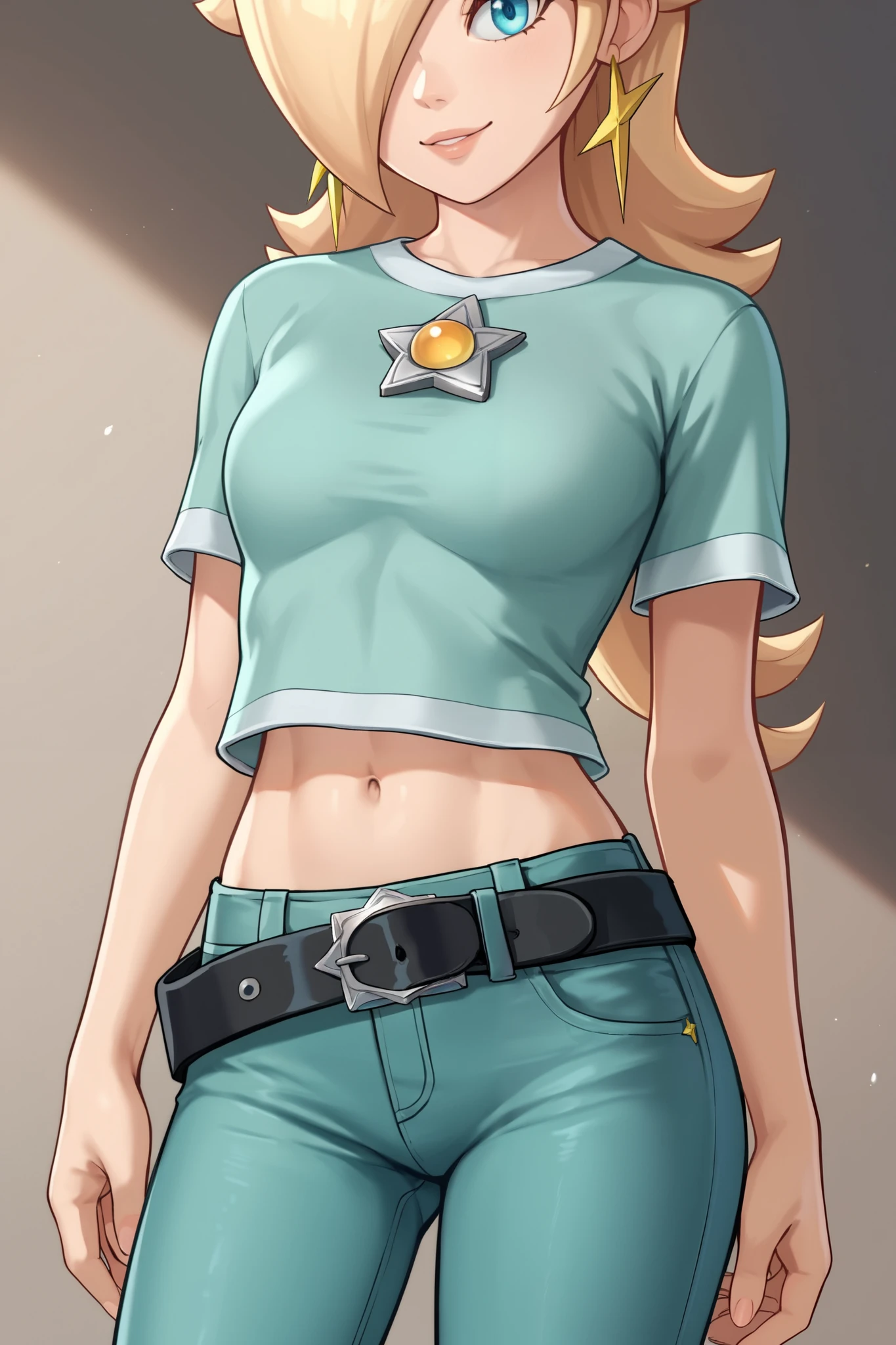 score_9, score_8_up, score_7_up, source_anime, rosalina, blonde hair, blue eyes, hair over one eye, long hair, star earrings, solo, cowboy shot, black t-shirt, taut clothes, tight shirt, midriff, navel, jeans, black belt, smile, close-up, head out of shot
