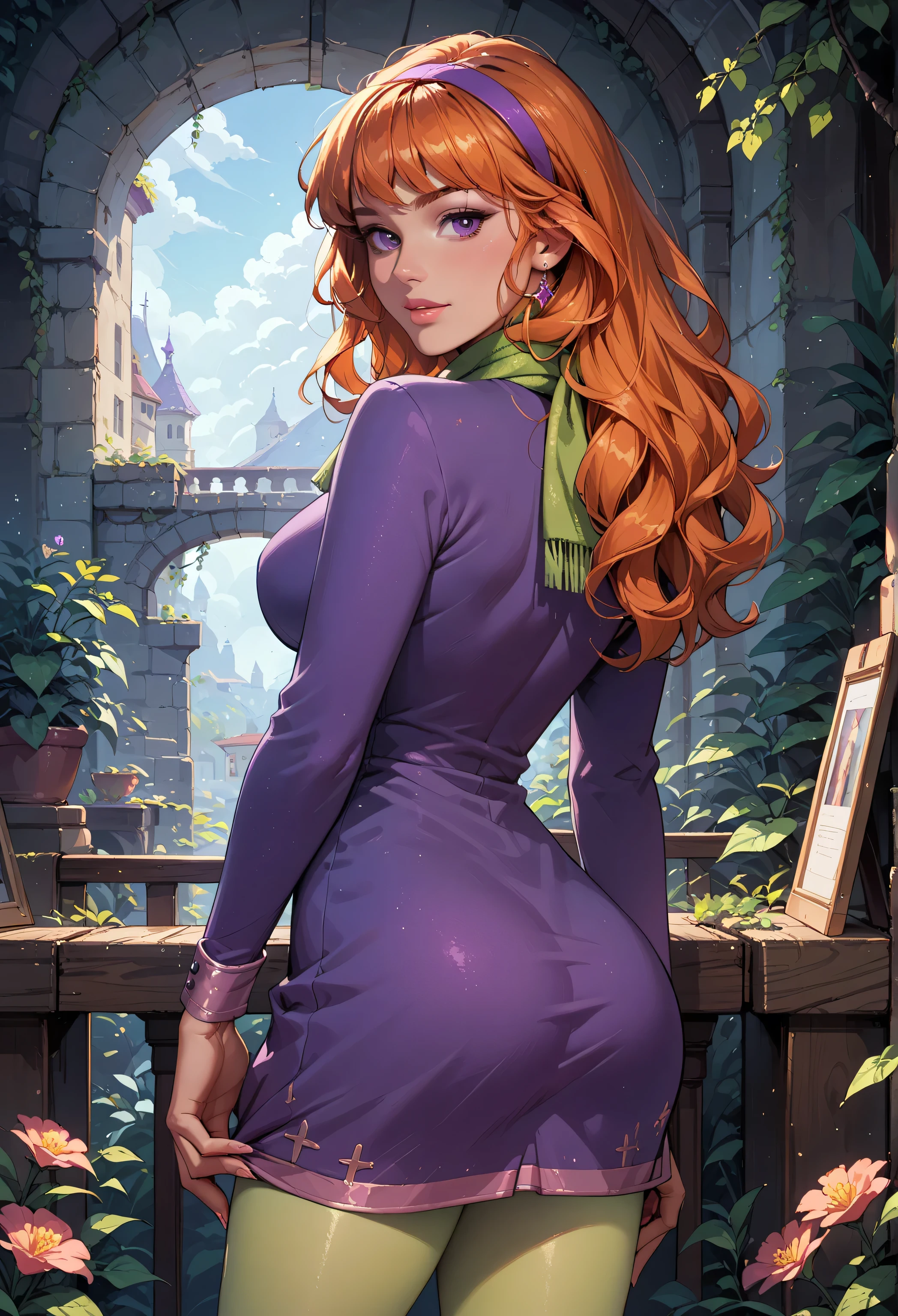 , sexy Irish girl, 25 years, orange hair, long hair, purple eyes, purple hairband, green scarf, pink pantyhose, purple dress, long sleeves:1.3),Solo, Looking at viewer, Masterpiece, Best Quality, Large breasts,