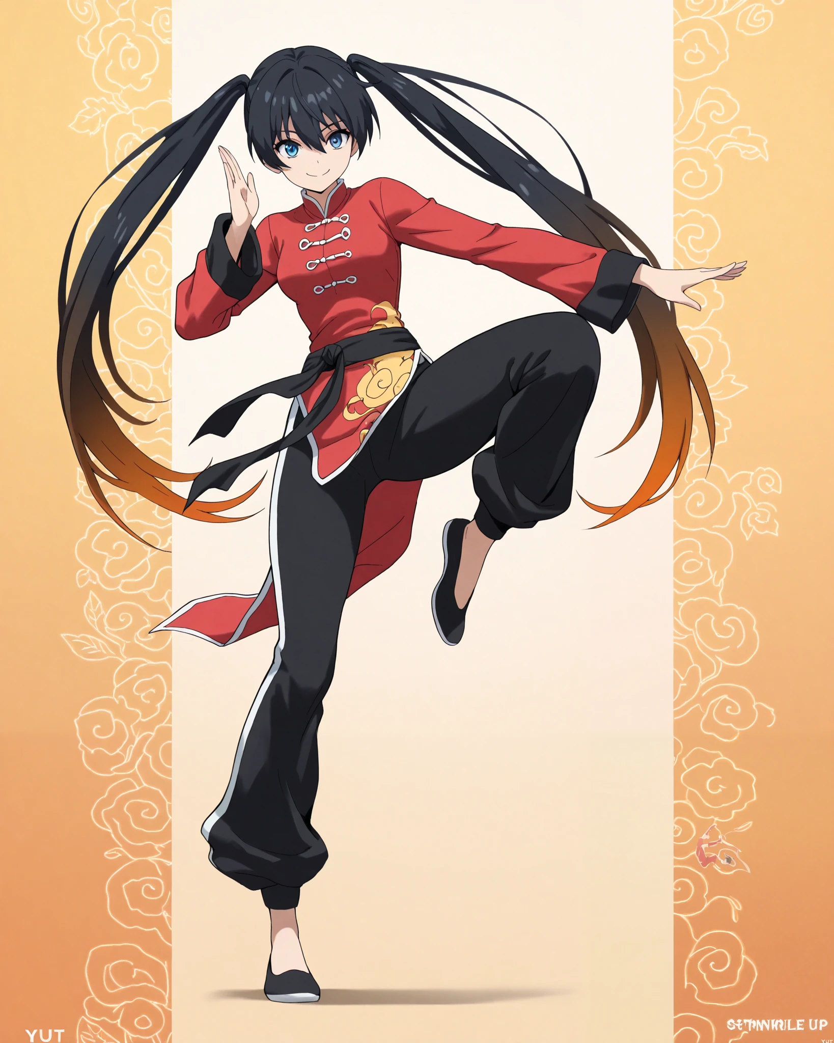 ( High Resolution, very detailed , images,precise, Masterpiece,Solo ),(1 woman, black hair, Long Twinkle, hair gradient to orange, black-eyed widow , blue eyes,Smile brightly,red Kung Fu Set , Yut(anatomically correct,full body, Anime Style)