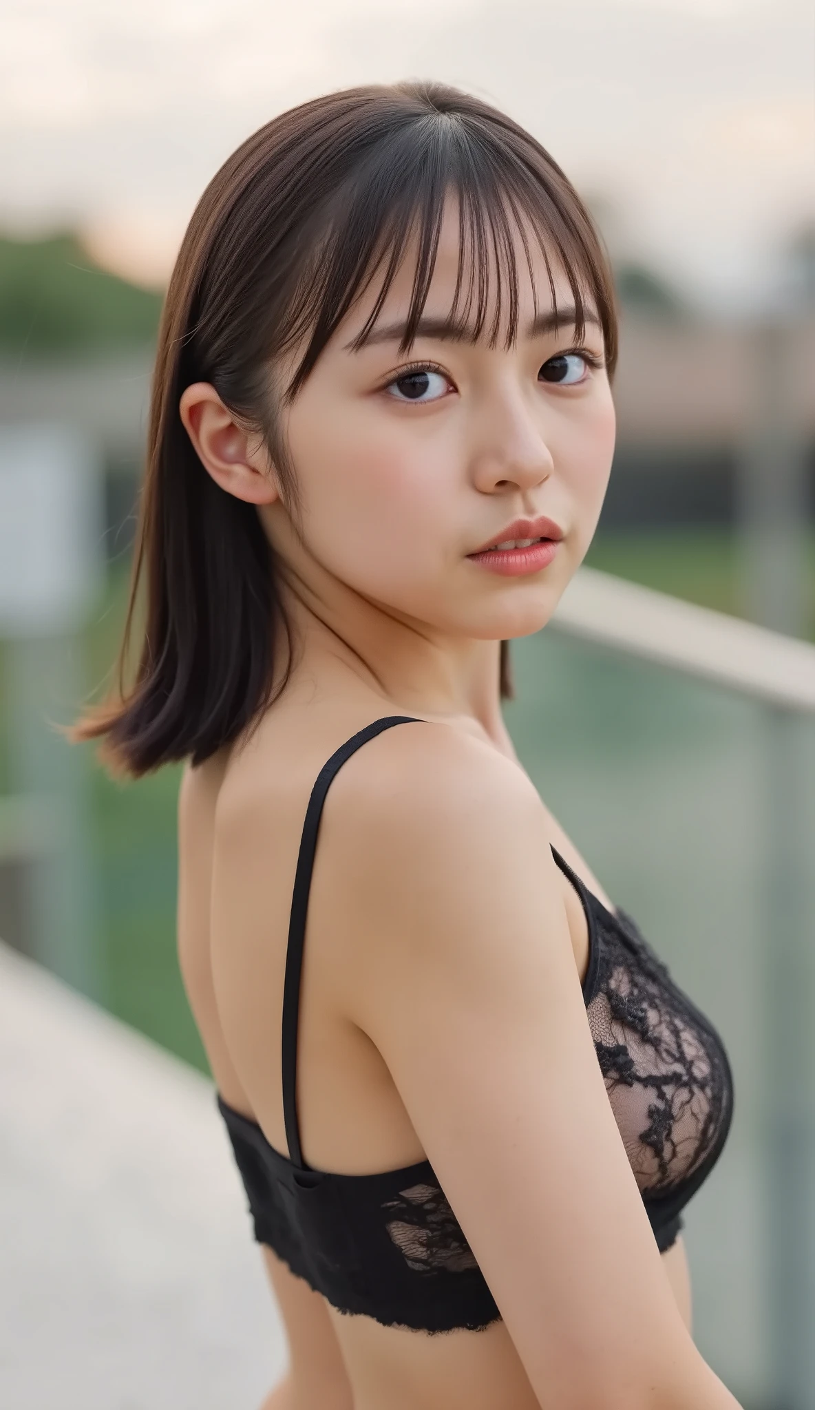 The high resolution photograph of a young Japanese woman, intricate details, extremely detailed, sharp focus, professional lighting, solo, 1girl, natural make-up, pale skin, fine-textured skin, (small head, small face) ,detailed face, detailed eyes, sophisticated nose, (flat chest:1.4), slim and thin body, narrow waist, thin legs, seductive posing with sensual face for gravure photography, lingerie shoot,
(revealing lace black lingerie), (standing, arms up, showing armpits:1.2), looking at the camera,
outdoors, at dusk,