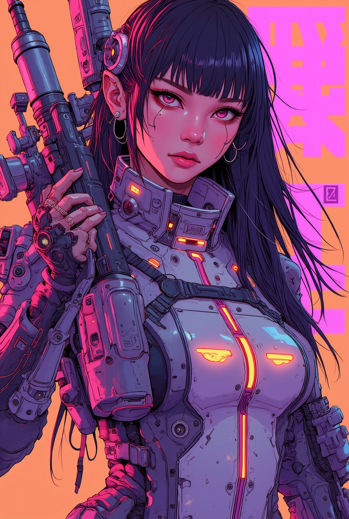 ((anime art style illustration) of (perfect Asian cyberpunk girl holding a rifle))), (((wearing incredibly detailed Harajuku clothing))), ((LED lights)), (((dynamic pose))), warm colours, perfect features, abstract beauty, near perfection, pure form, concept art, intricate detail, 8k post-production, High resolution, super Detail, trending on ArtStation, sharp focus, studio photos.