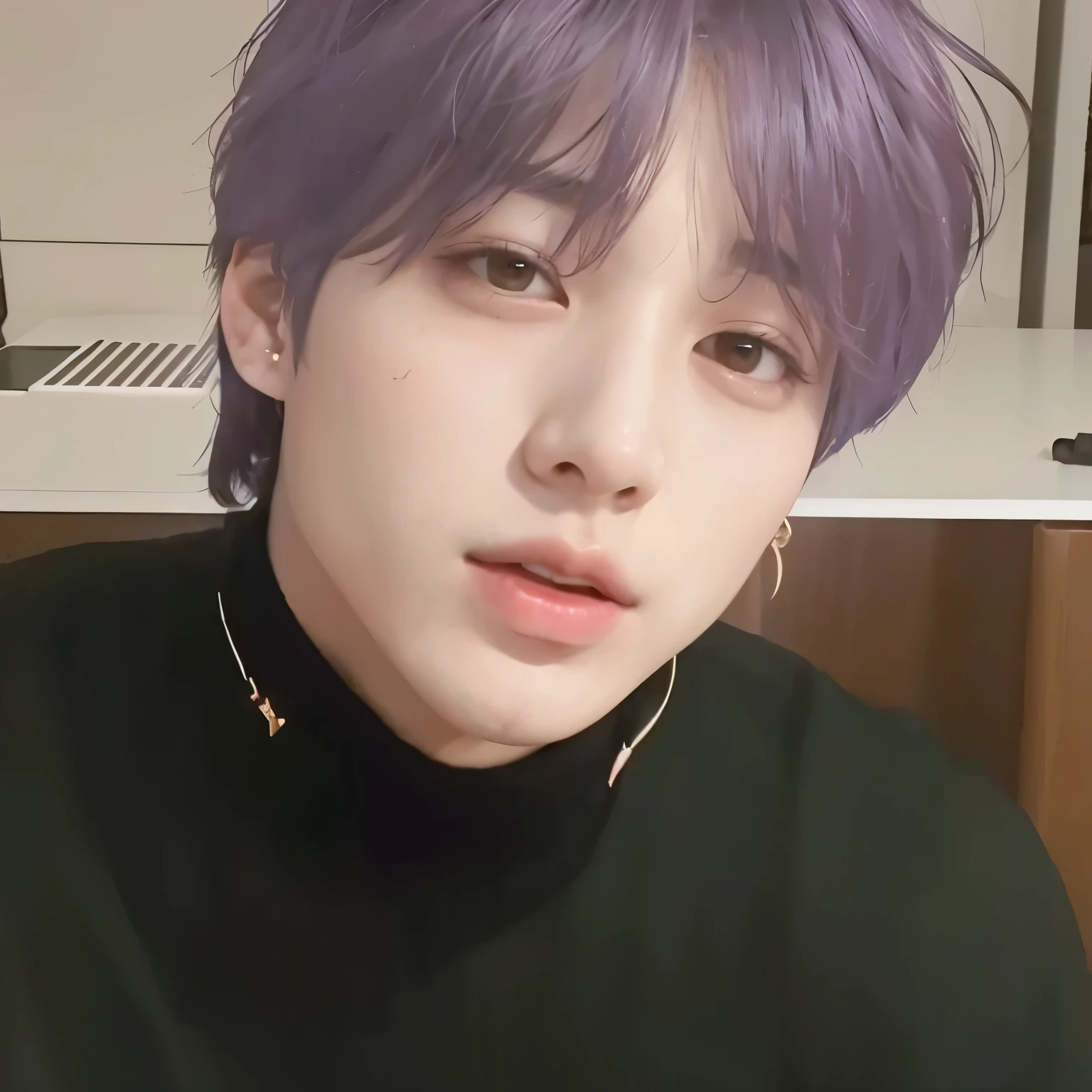 arafed man with a purple and black hair and a black shirt, park jimin, jimin \'s plump lips, jimin I's right eyelid swollen, accurate jimin face, jos si of blackpink, jin, jung jaehyun, hyung tae, taejune kim, kpop boy