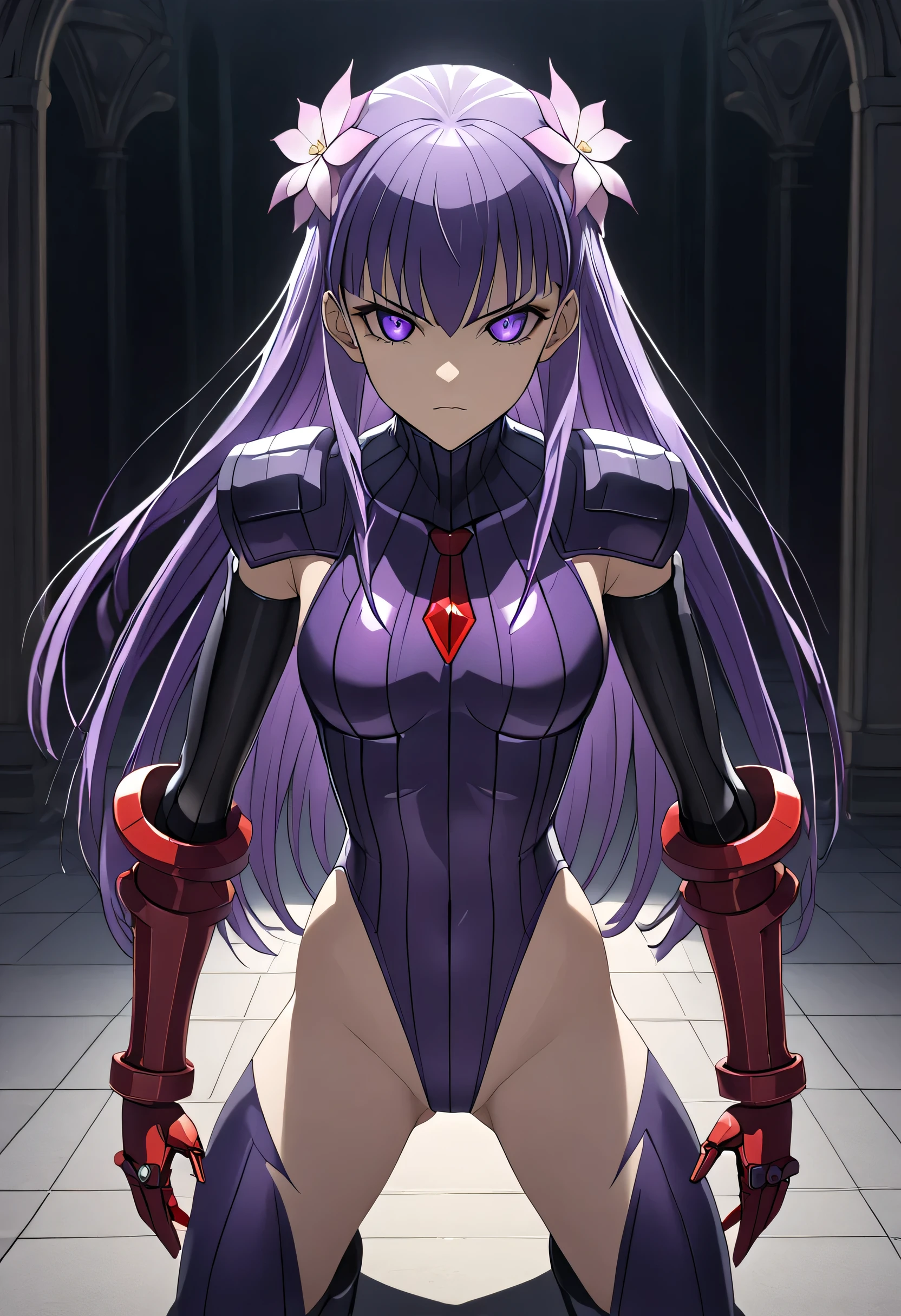 anime, (masterpiece), (best quality), (ultra-detailed), (best illustration), (best shadow), (absurdres), (detailed background), (very aesthetic), shiny, detailed beautiful eyes, outstanding, countershading, detailed soft lighting, an exquisite animation illustration, 1girl, solo, anheang, Dollsuit, thighthigh, dark persona, empty eyes, expressionless, blank eyes, looking at viewer, red gloves, full body, emotionless, Fighting Stance, hair ornament, medium breast, long hair, purple hair, amputee, mechanical arms, purple eyes, hair flower