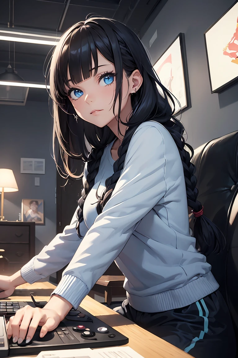 (masterpiece、top-quality、hight resolution、Unity 8k Wallpaper、extremely details CG:1), In a very small, dimly lit room, the size of an internet café cubicle, a young girl is intensely watching a television screen. The room is so narrow that it only contains a chair and a television. The girl is completely absorbed in the movie, her eyes wide with fascination, as if she is seeing something incredible for the first time. The scene is depicted from the side, showing her profile as she sits on the edge of her chair, leaning slightly forward, entirely focused on the screen. Her expression is one of pure engagement, completely oblivious to her surroundings. nsfw