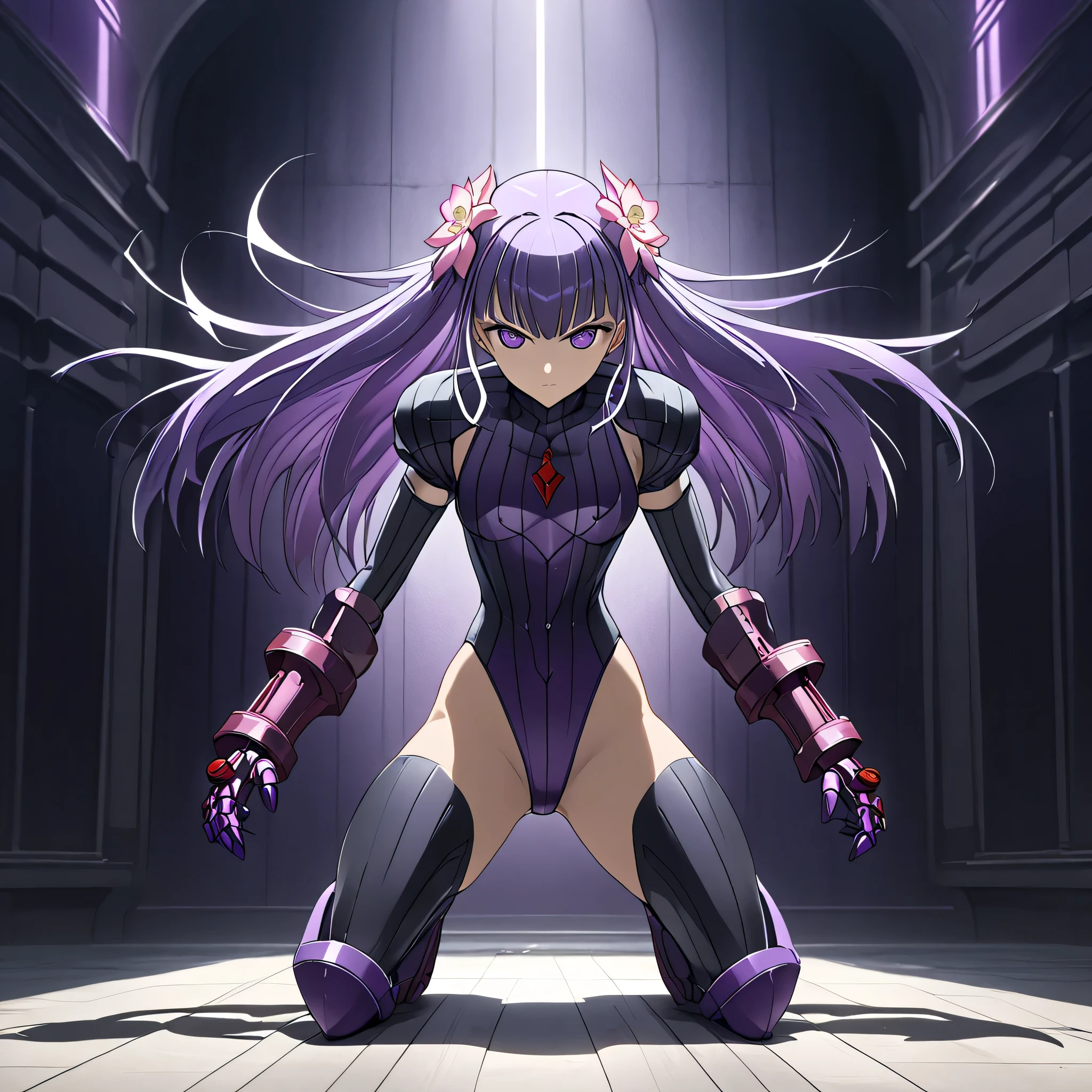 anime, (masterpiece), (best quality), (ultra-detailed), (best illustration), (best shadow), (absurdres), (detailed background), (very aesthetic), shiny, detailed beautiful eyes, outstanding, countershading, detailed soft lighting, an exquisite animation illustration, 1girl, solo, anheang, Dollsuit, thighthigh, dark persona, empty eyes, expressionless, blank eyes, looking at viewer, red gloves, full body, emotionless, Fighting Stance, hair ornament, medium breast, long hair, purple hair, amputee, mechanical arms, purple eyes, hair flower